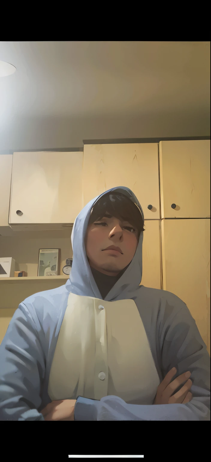 20 year old man wearing blue stitch pajamas, with arms crossed and serious expression