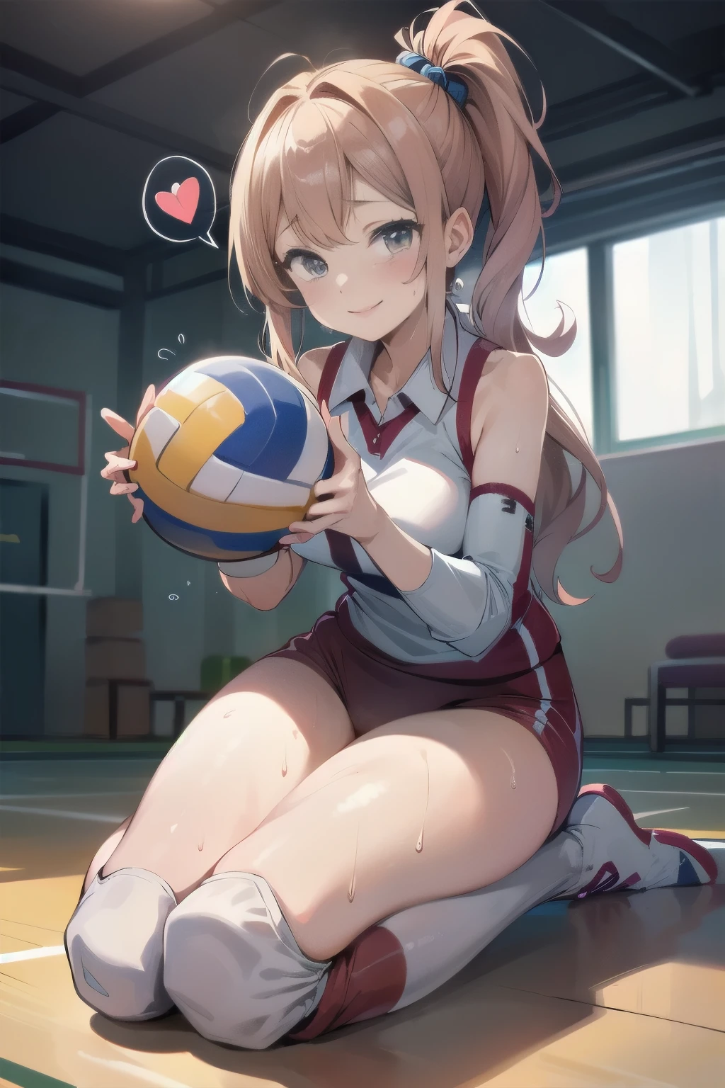 unity 8k wallpaper, anatomically correct, (((masterpiece))), (((best quality))), (((ultra detailed))), (((high-resolution))), ((Ultimate cutie)), perfect hands, perfect finger, (((good anatomy))), detailed beautiful face, shiny hair, (((gyaru))), (potbelly), (curvy), medium breasts, ((Thick thighs)), (((solo))), ((seductive smile)), (((blush))), 
BREAK, (((sit astride the perfectly spherical shape 6-inch volleyball))), (((Straddling a perfectly spherical 6" volleyball))), (((Perfectly spherical 6" volleyball fits perfectly crotch))), BREAK, (((Rub the  Perfectly spherical 6" volleyball against crotch))), (masturbation), 
BREAK, (Collared volleyball uniforms), sleeveless, ((buruma)), ((kneepad)), pussy juice stained, (elbow pad), (((sweat))), (((covered in sweat))), ((deep breathing)), in Volleyball Court, indoor, lighting,  looking at viewer, full body, (spoken heart)