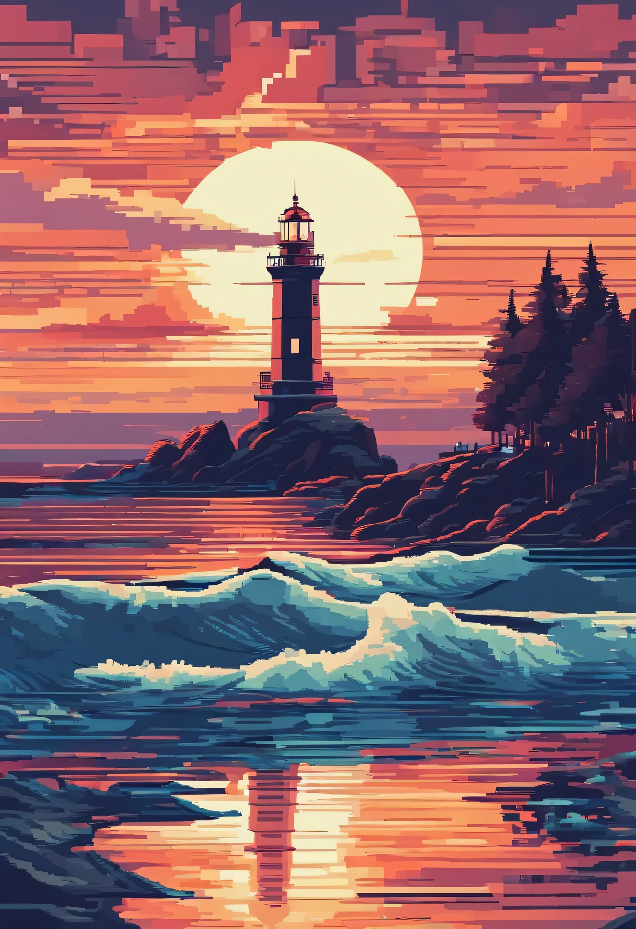 （best quality，Super detailed），pixel art，melancholy，night，Lighthouse beam penetrates fog，Detailed waves，Clouds in the distance，dark shadow，foggy atmosphere，dramatic composition，pastel color palette，Dynamic lines，vivid brushstrokes，Ink texture，Vibrant colors，Contrasting highlights and shadows，curved light path，Interesting visual story。