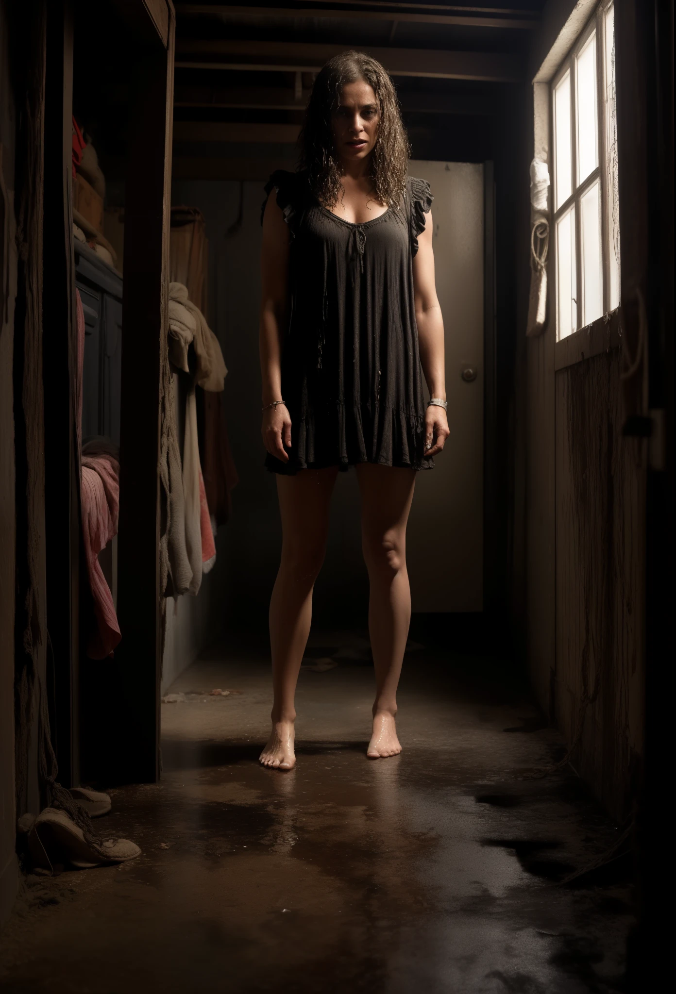 scared and crying pretty woman 35 years old, dirty strong body, standing, hands tied with the rope behind her back, in the interior of a dirty and dingy dark basement, wet floor, ruffled dirty wet hair, wearing a torn and dirty short dress, rags, bare legs, barefoot, leaning against the wall, mysterious chiaroscuro, perspective of the basement interior in the background, realistic photo, masterpiece,photorealistic