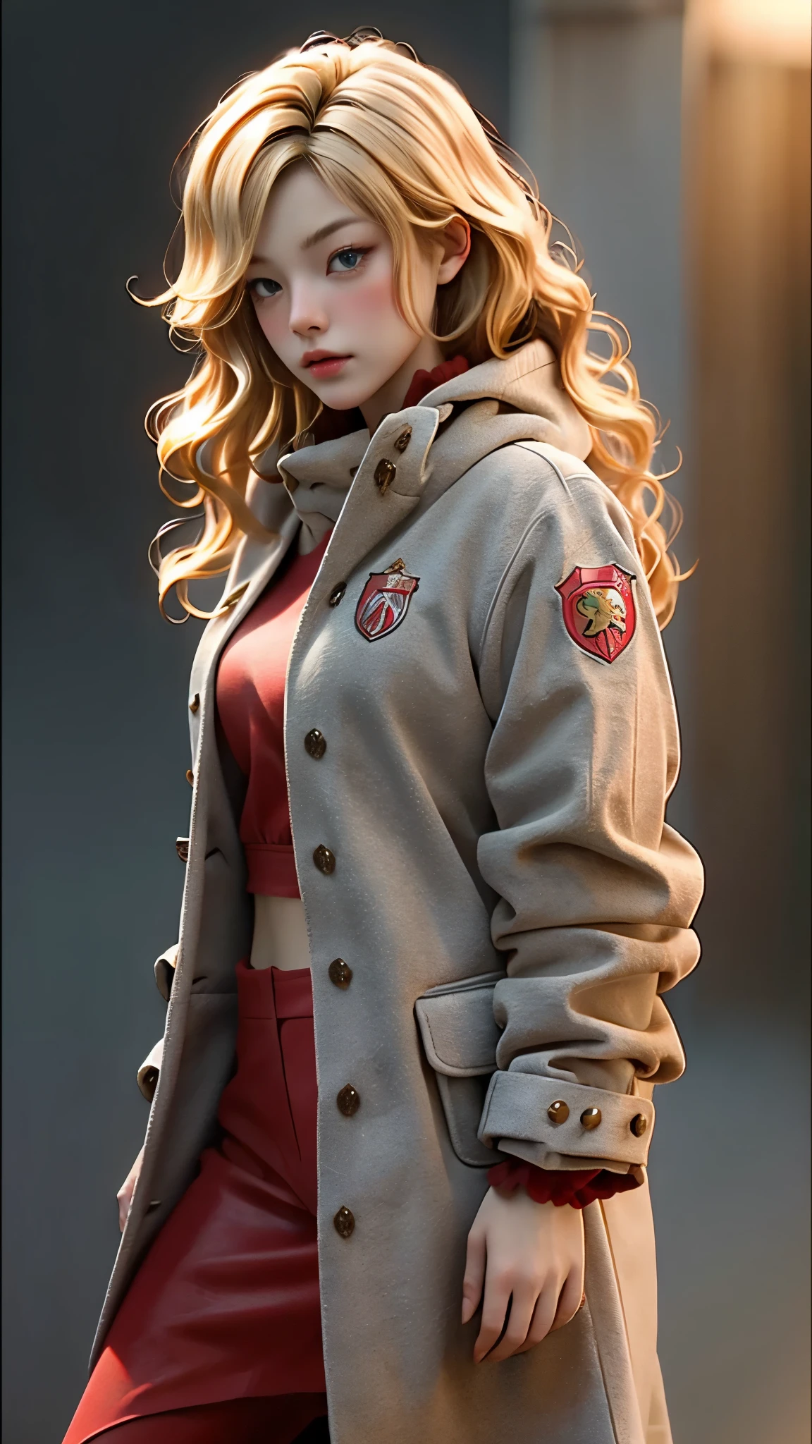 Realistic Red Sotheby Girl Photo,35 year old beautiful woman,long side waves,delicate blonde hair,cool look,background is gray,Coat of arms of the Principality of Zeon,