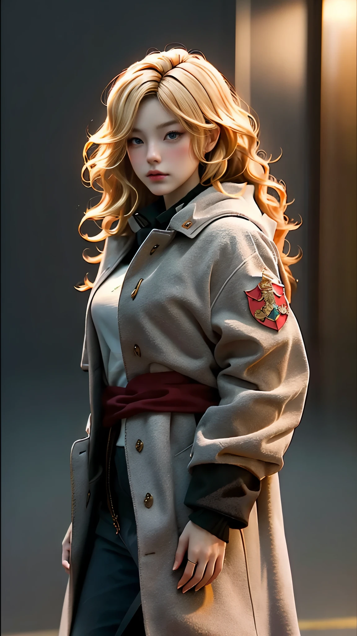 Realistic Red Sotheby Girl Photo，35 year old beautiful woman，long side waves，delicate blonde hair，cool look，background is gray，Coat of arms of the Principality of Zeon，