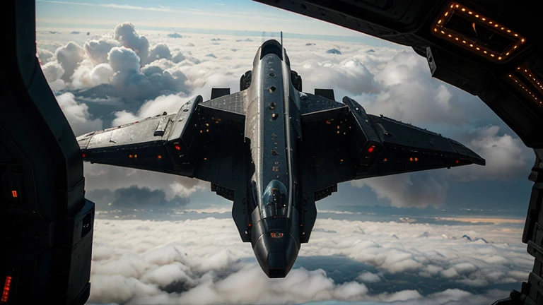Mother's spaceship, over the city of San Francisco, came through the clouds, as big as the city, cyberpunk, great quality, many details of the spaceship, the fighters around it