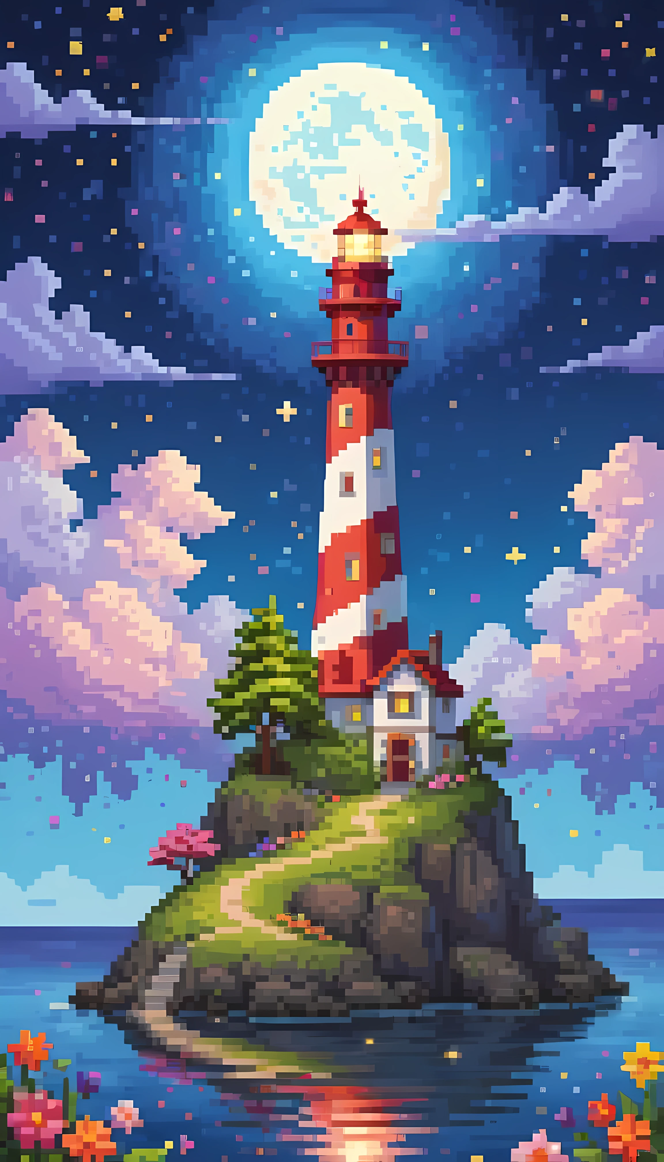 Pixel art, masterpiece in maximum 16K resolution, superb quality, a whimsical tall lighthouse on a floating big island, the lighthouse has playful design, the floating island has colorful flowers and whimsical trees, night sky with winkling stars, a shooting star, a crescent moon, dreamy color palette. | ((More_Detail))