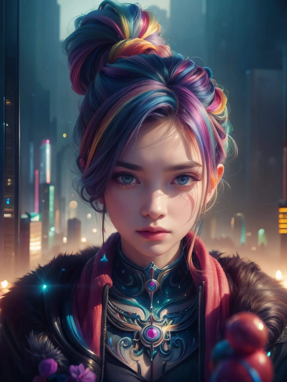 Hyperrealistic portrait of a 18 year old girl with intense gaze, intricate facial tattoos, colorful hair, and vibrant lighting. Set against a dystopian cityscape background, reminiscent of cyberpunk art. Masterpiece digital artwork by Greg Rutkowsky and Hayao Miyazaki.