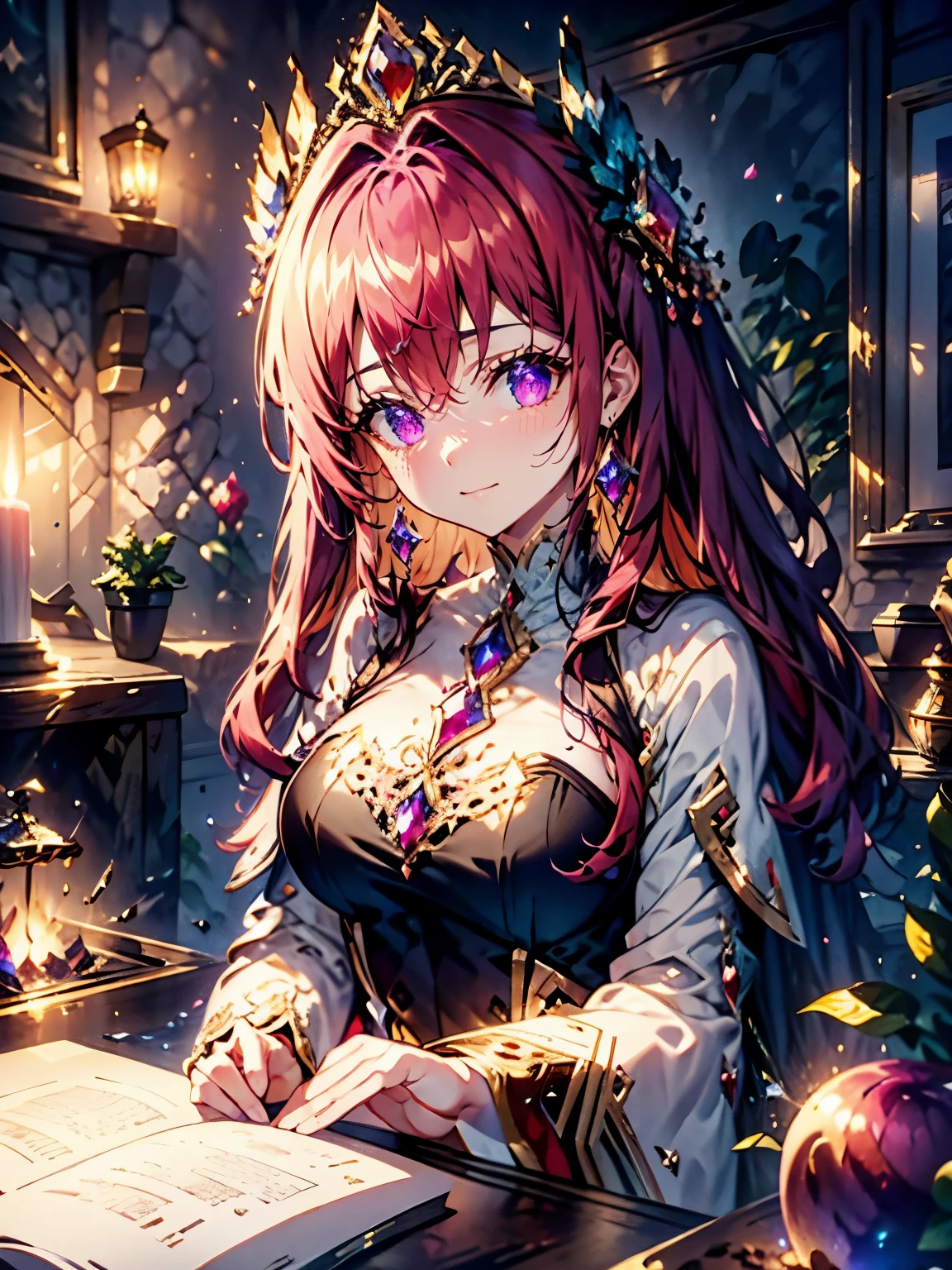 (masterpiece, very detailed, exquisite, beautiful, Full HD, High resolution, confused), soft edge, soft lines, woman, charming princess, goblin, Happy, fun, smile, looking at the viewer, wavy hair,medium hair, Big eyes, white skin, beautiful breasts, slim, crown, earrings, choker, with wings, white background, in the afternoon, from before, dynamic angle, dazzling light, dramatic lighting, warm lighting, soft lighting, written boundary depth, fantasy, beautiful, dreamy atmosphere, (red ball gown dress:1.1, gold decoration,black lace and ruffles,ruby motif dress), pink hair, purple eyes