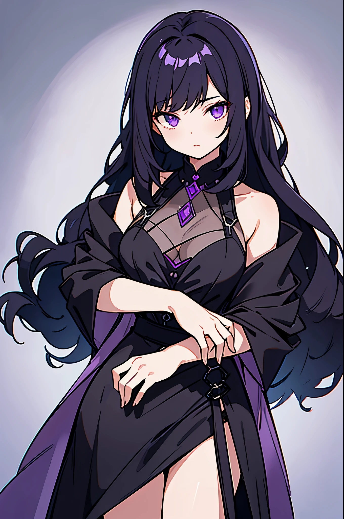 Anime girl with long black hair and purple dress posing - SeaArt AI