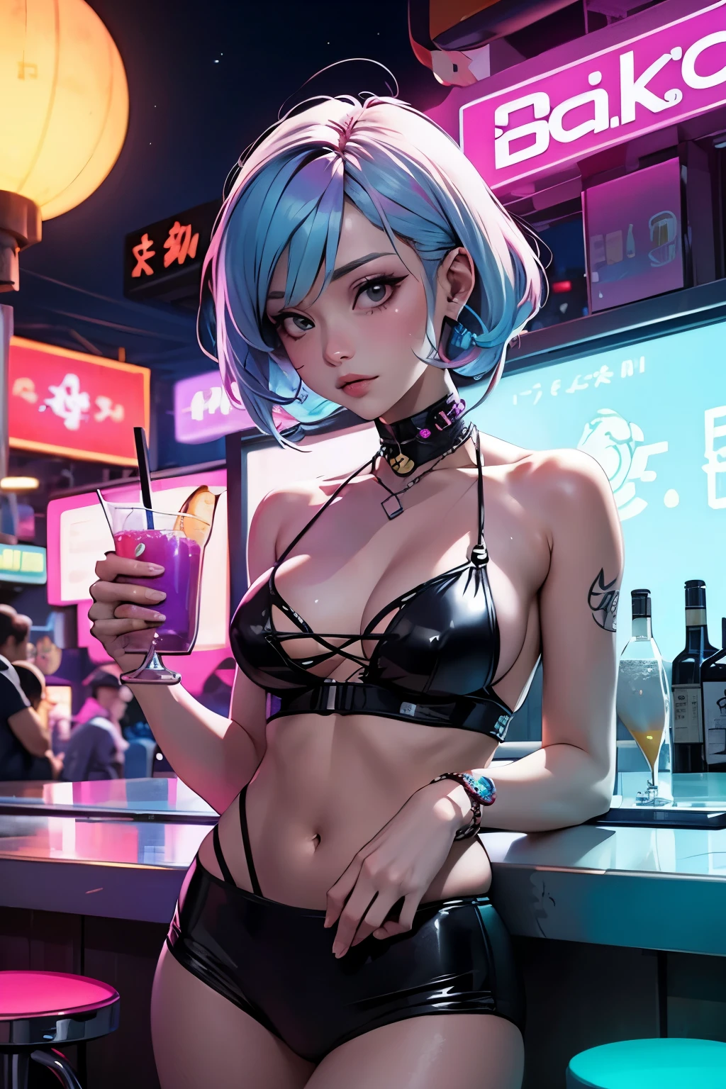 Pastel colored cocktails and cyberpunk bartender in beach bar at full moon festival