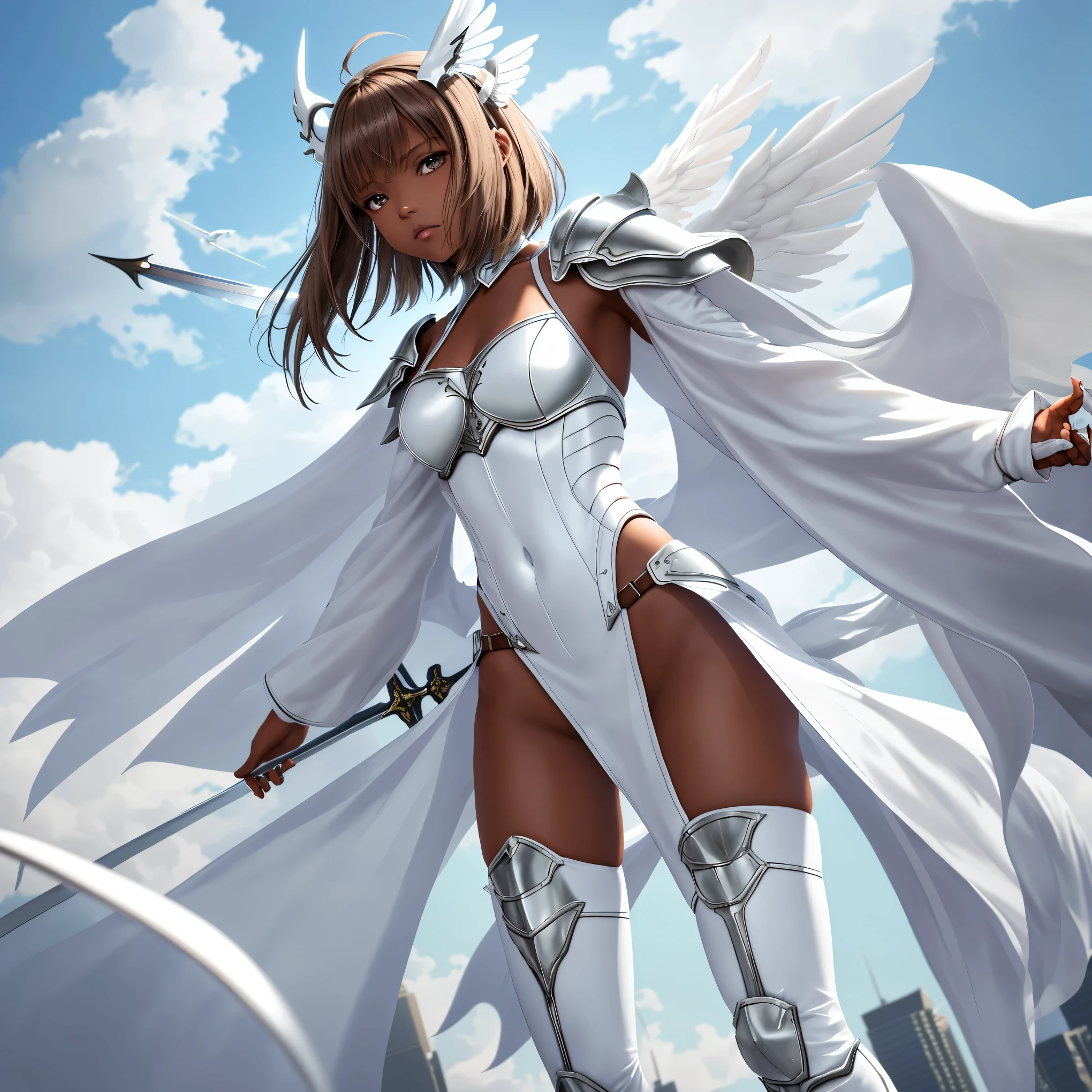 fantasy, 1angel_girl, low_teen, brown_hair, medium_bob_hair,long_bangs, (dark_skin)+, bare_shoulder, navel out, thighhighs,silver_shiny_armor, white_clothes,waist_armor, Glebe, hold_shiny_swords, medium_breasts, Angry, dynamic_pose_fighting,Floating, (1pair_white_wings,pelvic_curtain)++, Headgear ,city_sky_background,,slightly_spread_legs, multiple_shiny_swords_floating_around_the_girl