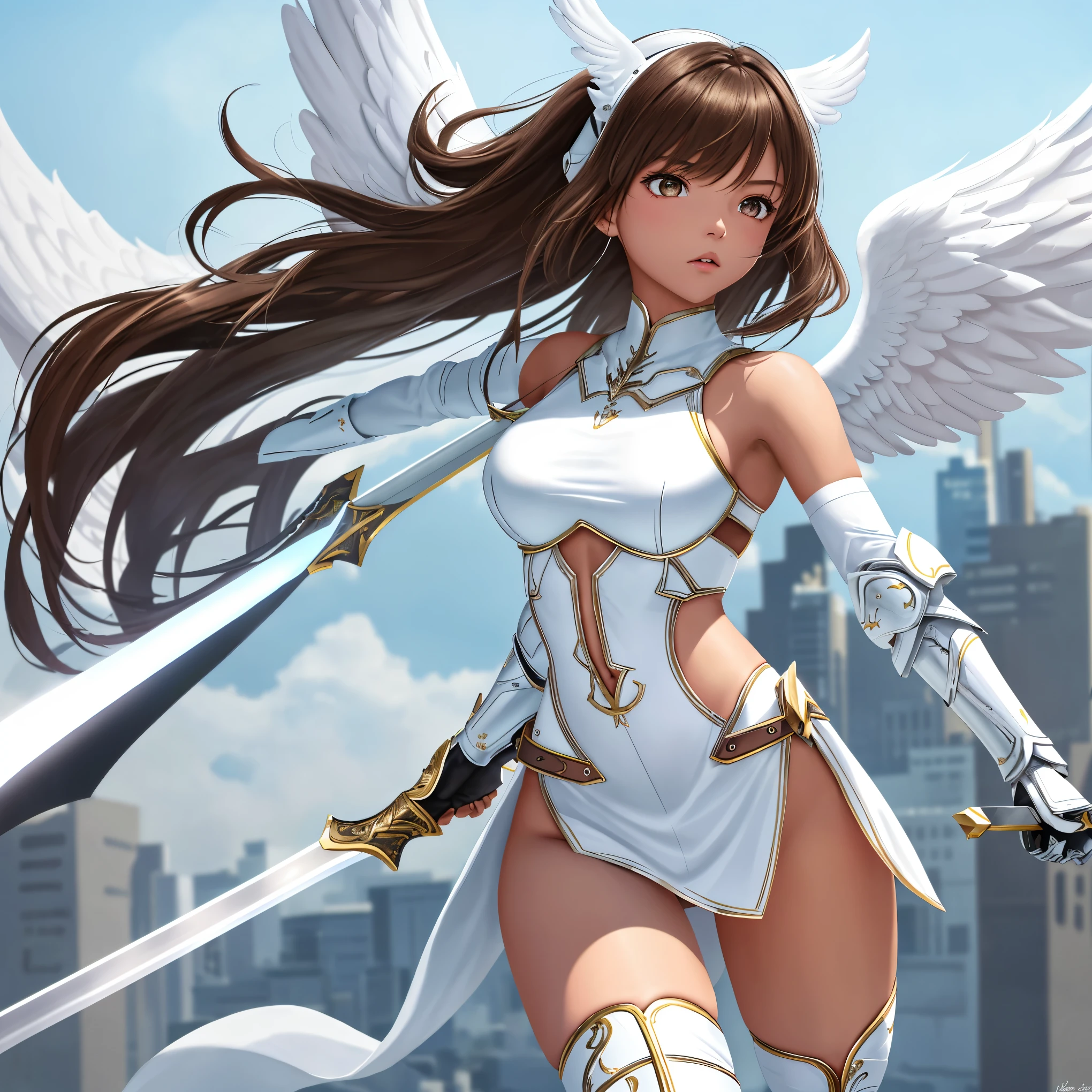 fantasy, 1angel_girl, low_teen, brown_hair, medium_bob_hair,long_bangs, (dark_skin)+, bare_shoulder, navel out, thighhighs,silver_shiny_armor, white_clothes,waist_armor, Glebe, hold_shiny_swords, medium_breasts, Angry, dynamic_pose_fighting,Floating, (1pair_white_wings,pelvic_curtain)++, Headgear ,city_sky_background,,slightly_spread_legs, multiple_shiny_swords_floating_around_the_girl