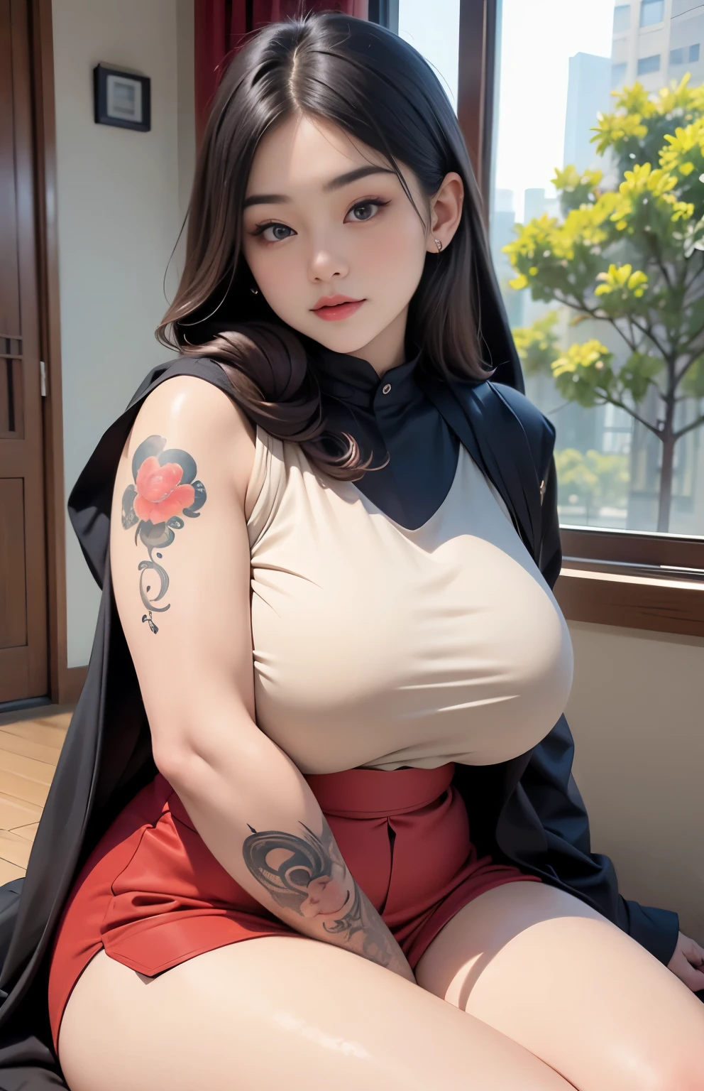 there is a woman sitting down with a longest brown hair, bbwchan, thicc, brown hijab outfit, brown hairstyle model, korean girl, korean woman, wearing brown robe, full length shot, alluring plus sized model, japanese goddess, clothed in hooded, voluptuous and arousing, portrait shot, curvy model, voluptuous body, wonderful, nene tanaka body , bbwchan, The overall atmosphere is smooth , haunting illustrations, extremely high-resolution details, photographic, realism pushed to extreme, fine texture, 4k, ultra-detailed, high quality, high contrast, red sneakers , cold atmosphere ,, cold atmosphere ,, ((Detailed texture of tattooed skin)), tattoo round breasts, irezumi tattoo style, tattoo on breasts, tttattoo, showing her thigh , tattoo on thigh, a close up of a woman with tattoos on her body, inked, tattooed body, fully tattooed body, tattooed, full-body tattoos, full - body tattoos, , full body tattoo, with tattoos, , tattoos, tattoos all over the skin, tattoos and piercings, ((Neka: 0.45)) LoRA, {{Big brother's tattooed woman Iremuzi tattoo style v1.0: 0.91}},, ((BohoAI v1.0 : 0.45))