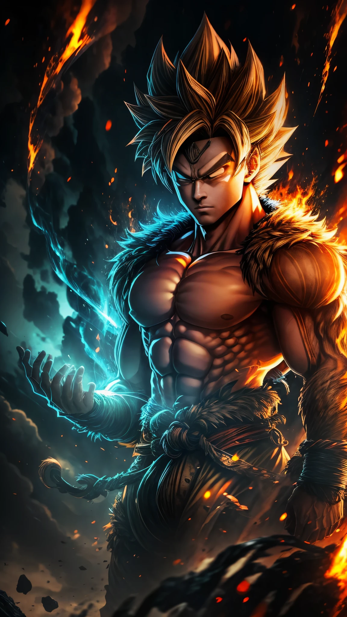 Draw an 8K quality image of an animated character that combines features of Naruto and Sasuke with the given requirements:  The character has Naruto's signature spiky blonde hair. The face is Sasuke's handsome and sharp face. Wearing Naruto's orange and black-blue trimmed warrior outfit. Wearing Sasuke's blue Uchiha clan scarf. Muscular body ripped like superhero Thor. Holding the thunder god Raijin's thunder sword. Behind the character is the bright golden light of the 9-tailed fox chakra and blue lightning effects of Super Saiyan surrounding. The face, hair, body, outfit and weapons are drawn in crisp detail. The entire image has harmonious, vibrant colors, no flaws. The character exhibits extraordinary power but still looks attractive and graceful. --auto --s2