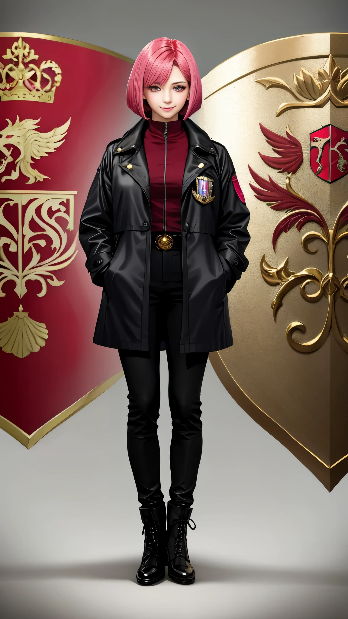 Realistic red Sozabi girl full body photo，short bob cut，hair color is bright pink，brown eyes with double eyelids，smile，natural makeup，background is gray，Coat of arms of the Principality of Zeon，The 16-year-old daughter of Hamankarn and Char Aznable.，