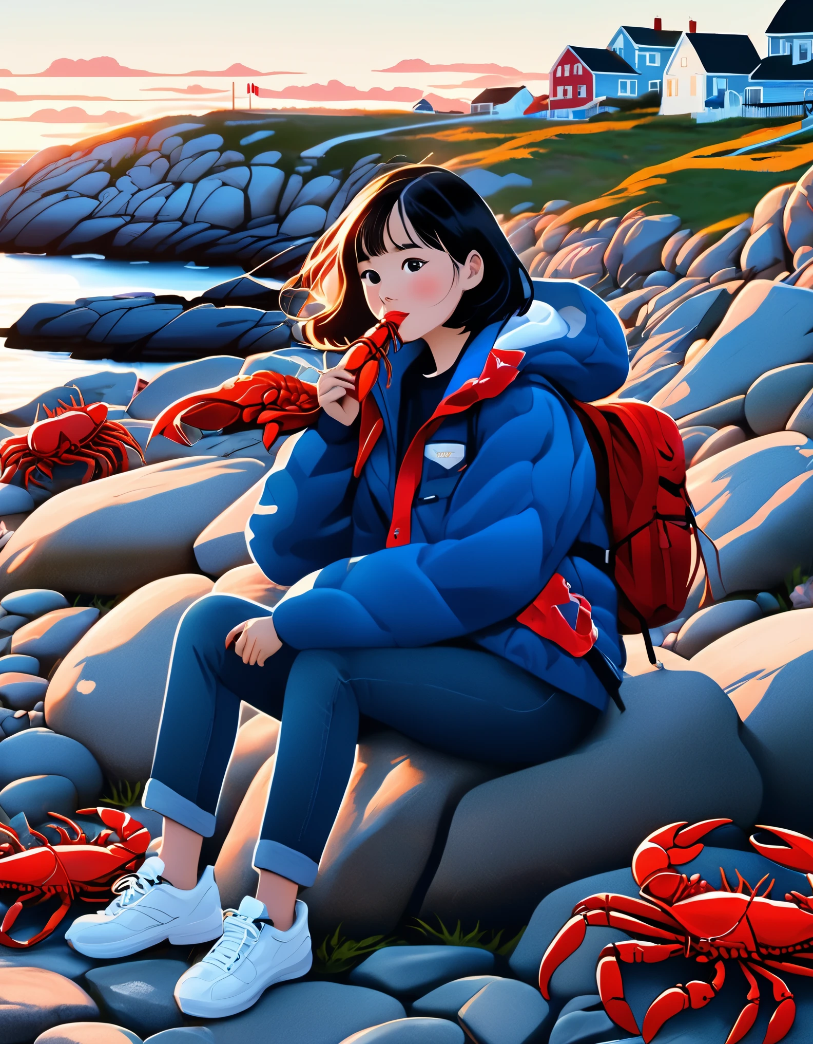 （A Chinese girl with short hair is holding a lobster in both hands：0.85），Sitting on the embankment，Blue jacket and jeans， White tourist shoes，background：Horseshoe-shaped Peggy&#39;s Cove, Canada，There are rocks on both sides，Huge sunset，post office，sunglasses，Backpack，cigarette case