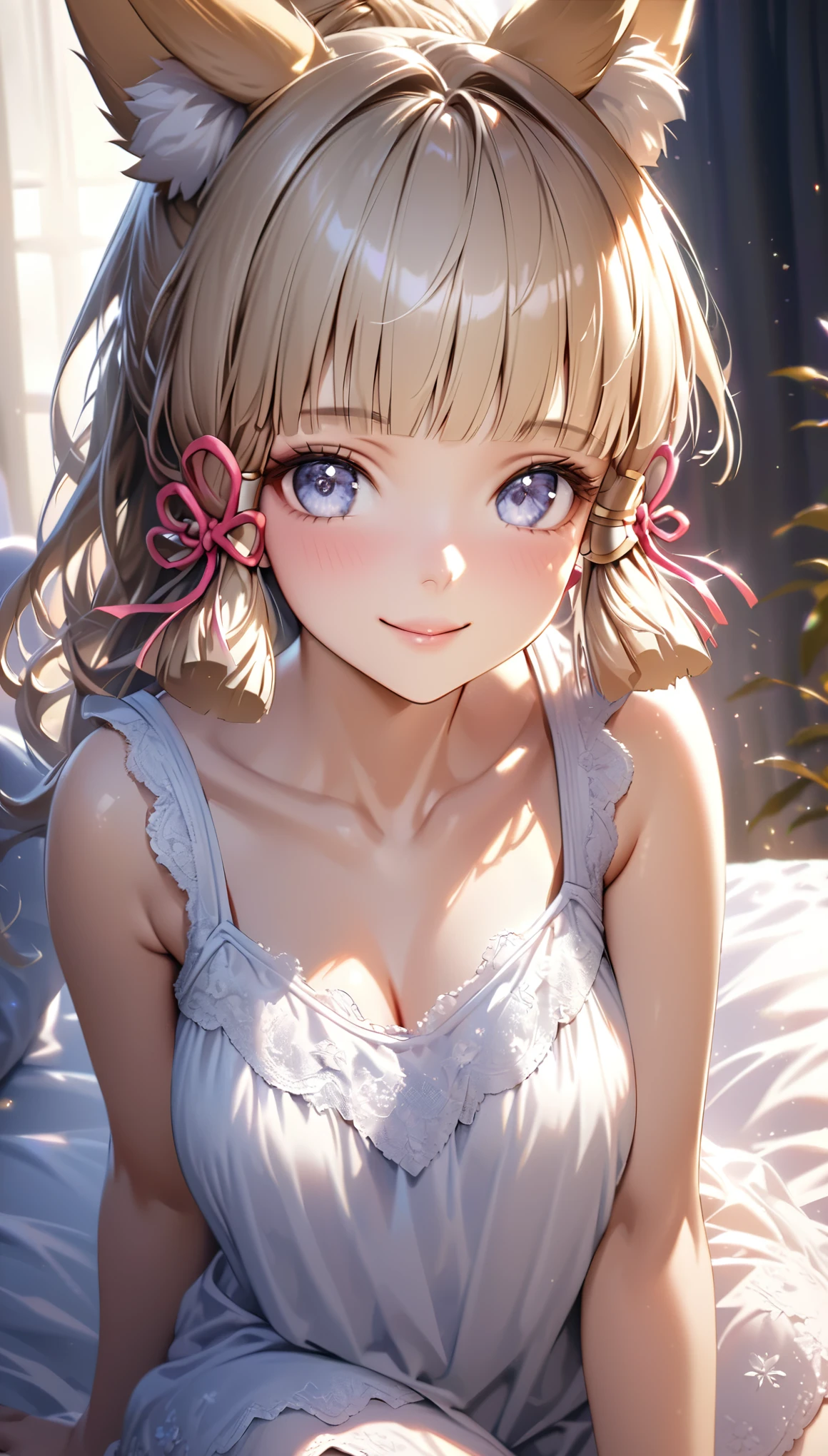 Ayaka,((golden hair)), fox ears,beautiful face,smiling,close up upper body, moderate breast,sitting on a bed,wearing white sleepwear, (open mouth:0.4),illustration,detailed textures,ultra-detailed(realistic),portrait style,vivid colors,soft lighting.