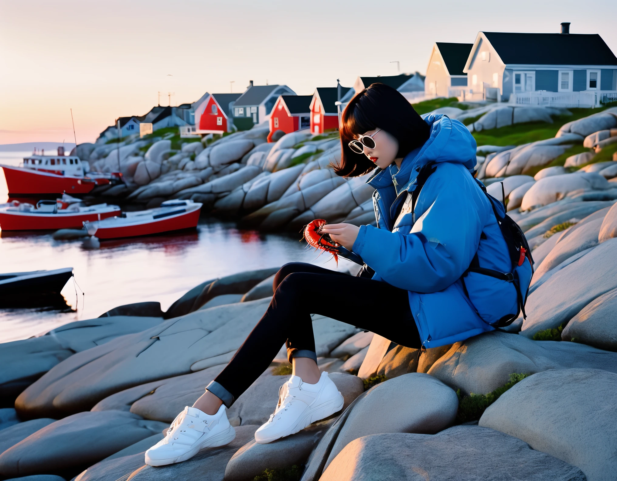 （A Chinese girl with short hair is eating lobster：0.85），sitting on the embankment，super short black hair，Blue jacket and jeans， White tourist shoes，background：Horseshoe-shaped Peggy&#39;s Cove, Canada，There are rocks on both sides，Huge sunset，post office，sunglasses，Backpack，cigarette case
