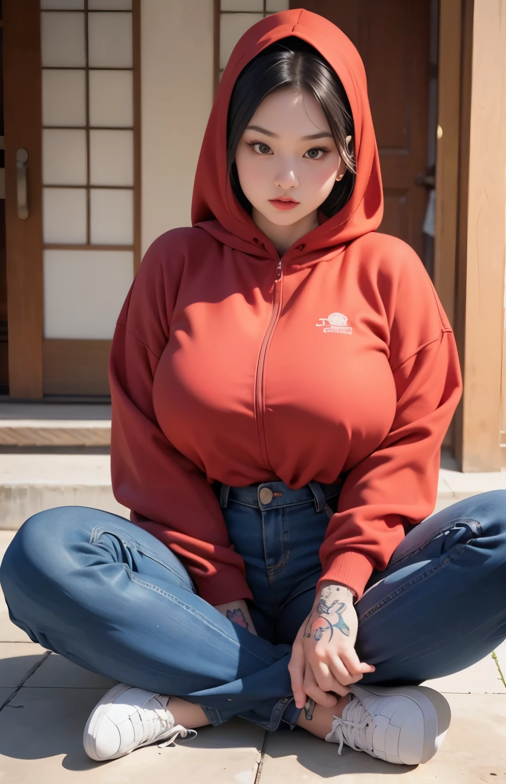 there is a woman sitting down with a longest brown hair, bbwchan, thicc, brown hijab outfit, brown hairstyle model, korean girl, korean woman, wearing brown robe, full length shot, alluring plus sized model, japanese goddess, clothed in hooded, voluptuous and arousing, portrait shot, curvy model, voluptuous body, wonderful, nene tanaka body , bbwchan, The overall atmosphere is smooth , haunting illustrations, extremely high-resolution details, photographic, realism pushed to extreme, fine texture, 4k, ultra-detailed, high quality, high contrast, red sneakers , cold atmosphere ,, cold atmosphere ,, ((Detailed texture of tattooed skin)), tattoo round breasts, irezumi tattoo style, tattoo on breasts, tttattoo, showing her thigh , tattoo on thigh, a close up of a woman with tattoos on her body, inked, tattooed body, fully tattooed body, tattooed, full-body tattoos, full - body tattoos, , full body tattoo, with tattoos, , tattoos, tattoos all over the skin, tattoos and piercings, ((Neka: 0.45)) LoRA, {{Big brother's tattooed woman Iremuzi tattoo style v1.0: 0.91}},, ((BohoAI v1.0 : 0.45))