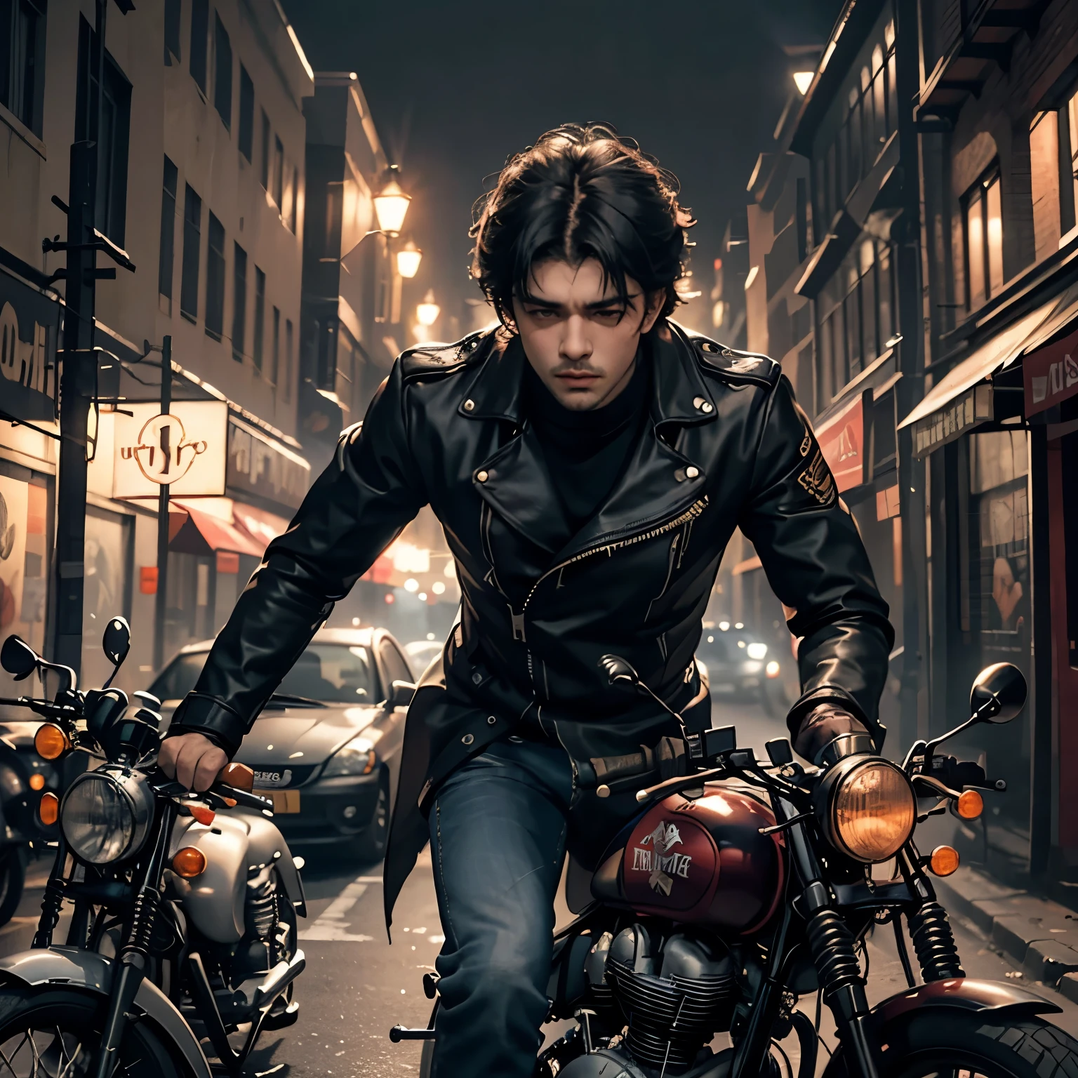 A boy, clad in a don-like attire, confidently rides a vintage Royal Enfield bike at the head of his rough-looking group. The pack of men, all armed, follow closely behind, their weapons glinting menacingly in the dimly lit streets. The boy's confident demeanor and the roaring sound of the engine add to the fierce aura surrounding them. The scene is shrouded in a sense of danger, with the dark, moody backdrop only emphasizing the intensity of the moment. (gritty), (edgy), (thrilling), (action-packed), (night scenes), (intense lighting), (Royal Enfield bike), (don