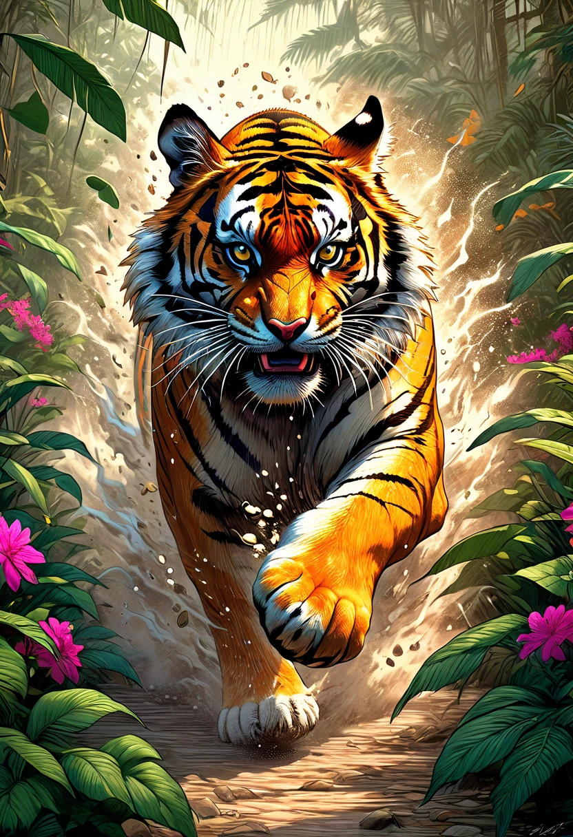 coomplex illustration of a mighty tiger in the jungle very fast  running to the viewer, trees and flower,  in a massive cloud of dust, agression, anger, hyperrealistic scene, heavy rain, detailed focus, art by Aaron Jasinski, epic fantasy scene, vivid colors, Enchanted Masterpiece, Fantasycore, Award-Winning, Masterpiece,  contrast, faded,  