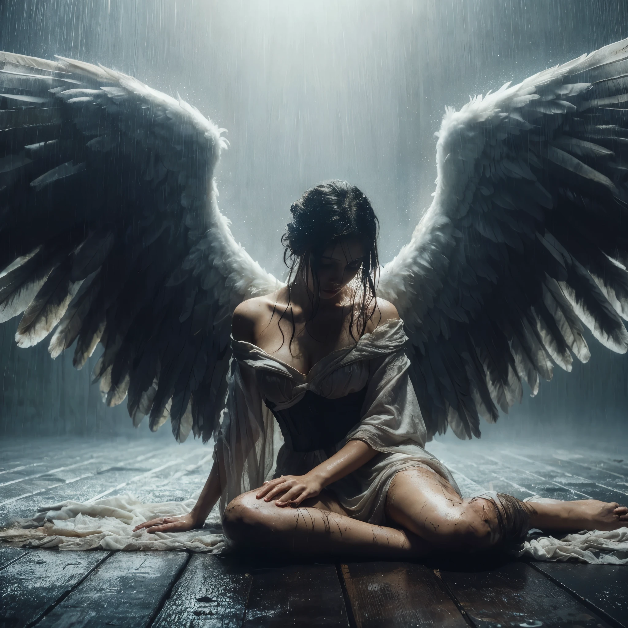 full scale, super low angle shot, The beautiful angel fell, black hair, had very large wings, wore a very worn white cloth, dirty body and wings, knelt down and looked very angry, shouted and looked up.
HD professional photographer, MidJourney v6 realism, light focus on face, ultra detail on face,
dark light, epicrealism, atmospheric impressionism, bokeh, film dramatic realism, pre-raphaelite realism, best tone, hard focus realism --ar 36:61 --stylize 750 --v6