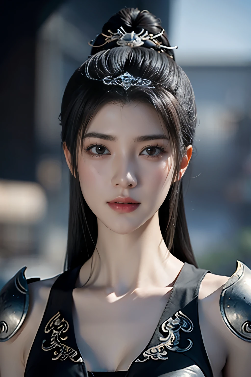 Masterpiece,Game art,The best picture quality,Highest resolution,8K,(Portrait),Unreal Engine 5 rendering works,(Digital Photography),((Portrait Feature:1.5)),
20 year old girl,Short hair details,With long bangs,(The red eye makeup is very meticulous),(With long gray hair:1.4),(Large, full breasts),Elegant and noble,Brave and charming,
(Future armor combined with the characteristics of ancient Chinese armor,Hollow design,Power Armor,The mysterious Eastern runes,A delicate dress pattern,A flash of magic),Warrior of the future,Cyberpunk figures,Background of war,
Movie lights，Ray tracing，Game CG，((3D Unreal Engine))，OC rendering reflection pattern