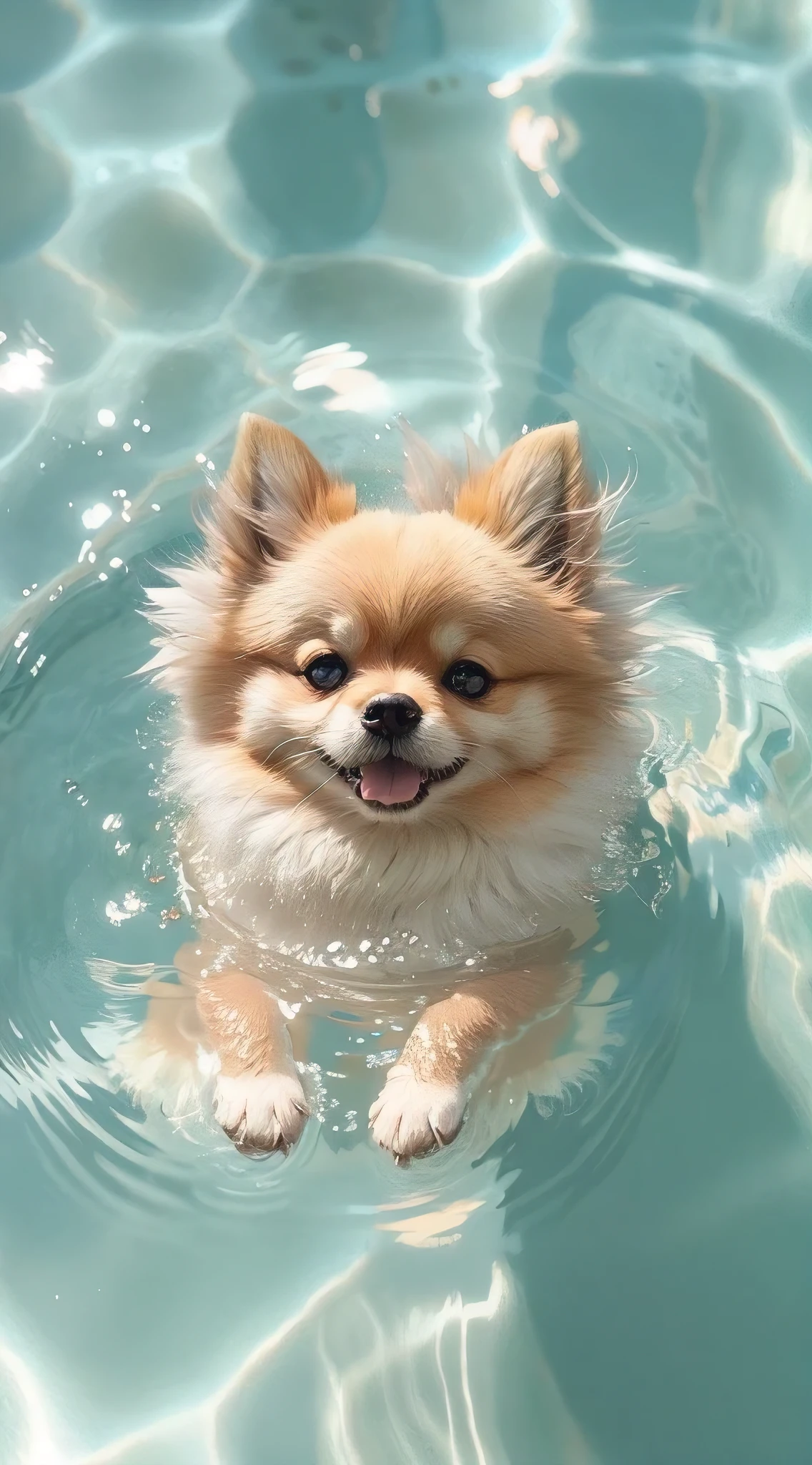 a Pomeranian floating in a body of water in the pool, Leanback,clear and transparent water, light white andturquoise,y2k aesthetic,soft and dreamy colors,brightlycolored, popular Instagram, high level of detail.realisticphoto feeling