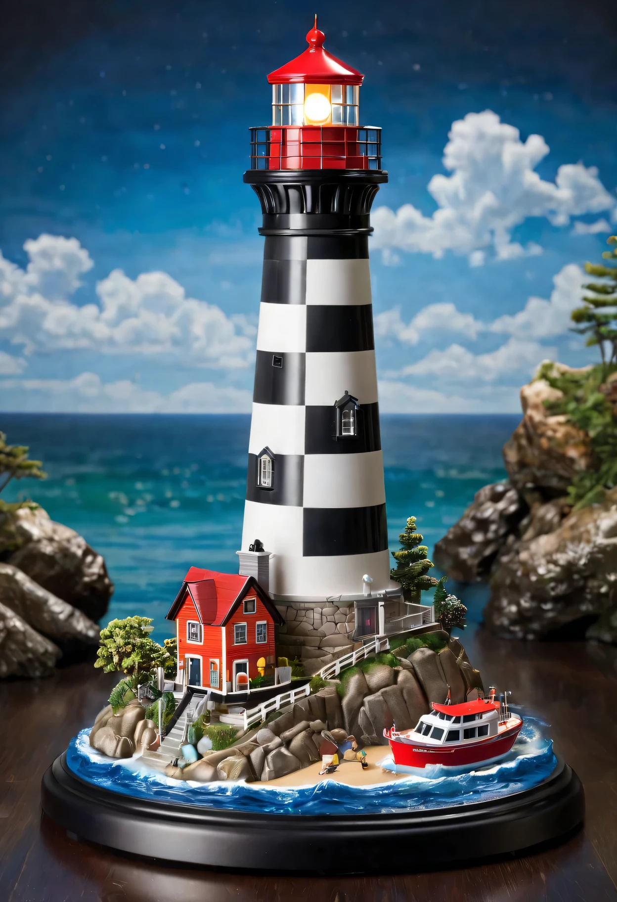 (best quality,ultra-detailed,highres,masterpiece:1.2),Lighthouse toys made of extremely smooth polycarbonate are displayed on the booth,(vivid colors:1.1),(realistic,photo-realistic:1.37) display,exquisite craftsmanship,shining brilliance,impeccable design,meticulous attention to detail,unparalleled elegance,lifelike textures,sparkling reflections,precise contours,attention-grabbing booth,polished surfaces,eye-catching showcase