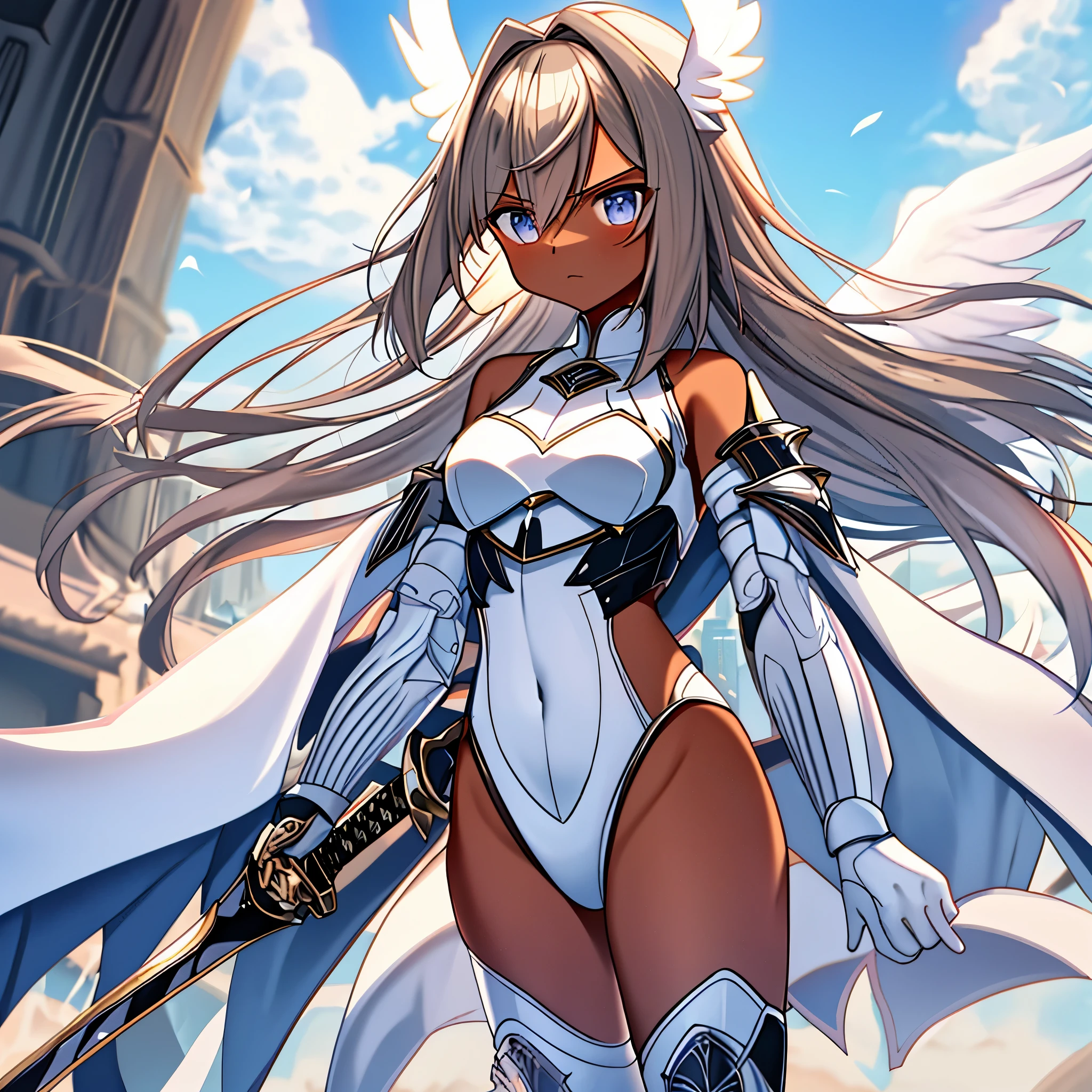 fantasy, 1angel_girl, low_, brown_hair, medium_bob_hair,long_bangs, (dark_skin)+, bare_shoulder, navel out, thighhighs,silver_shiny_armor, white_clothes,waist_armor, Glebe, hold_shiny_swords, medium_breasts, Angry, dynamic_pose_fighting,Floating, (1pair_white_wings,pelvic_curtain)++, Headgear ,city_sky_background,,slightly_spread_legs, multiple_shiny_swords_floating_around_the_girl