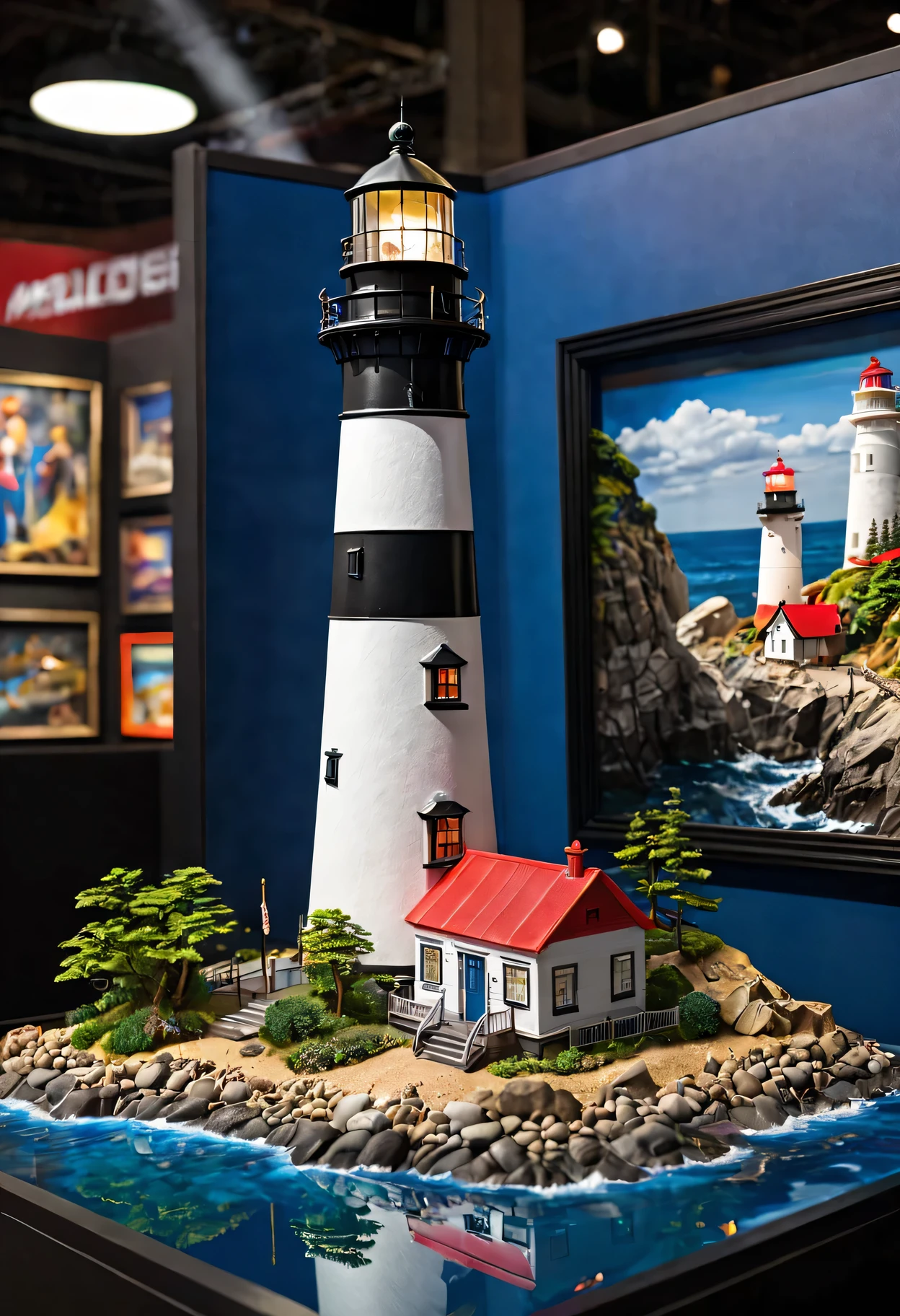 (best quality,ultra-detailed,highres,masterpiece:1.2),Lighthouse toys made of extremely smooth polycarbonate are displayed on the booth,(vivid colors:1.1),(realistic,photo-realistic:1.37) display,exquisite craftsmanship,lifelike textures,sparkling reflections,precise contours,attention-grabbing booth