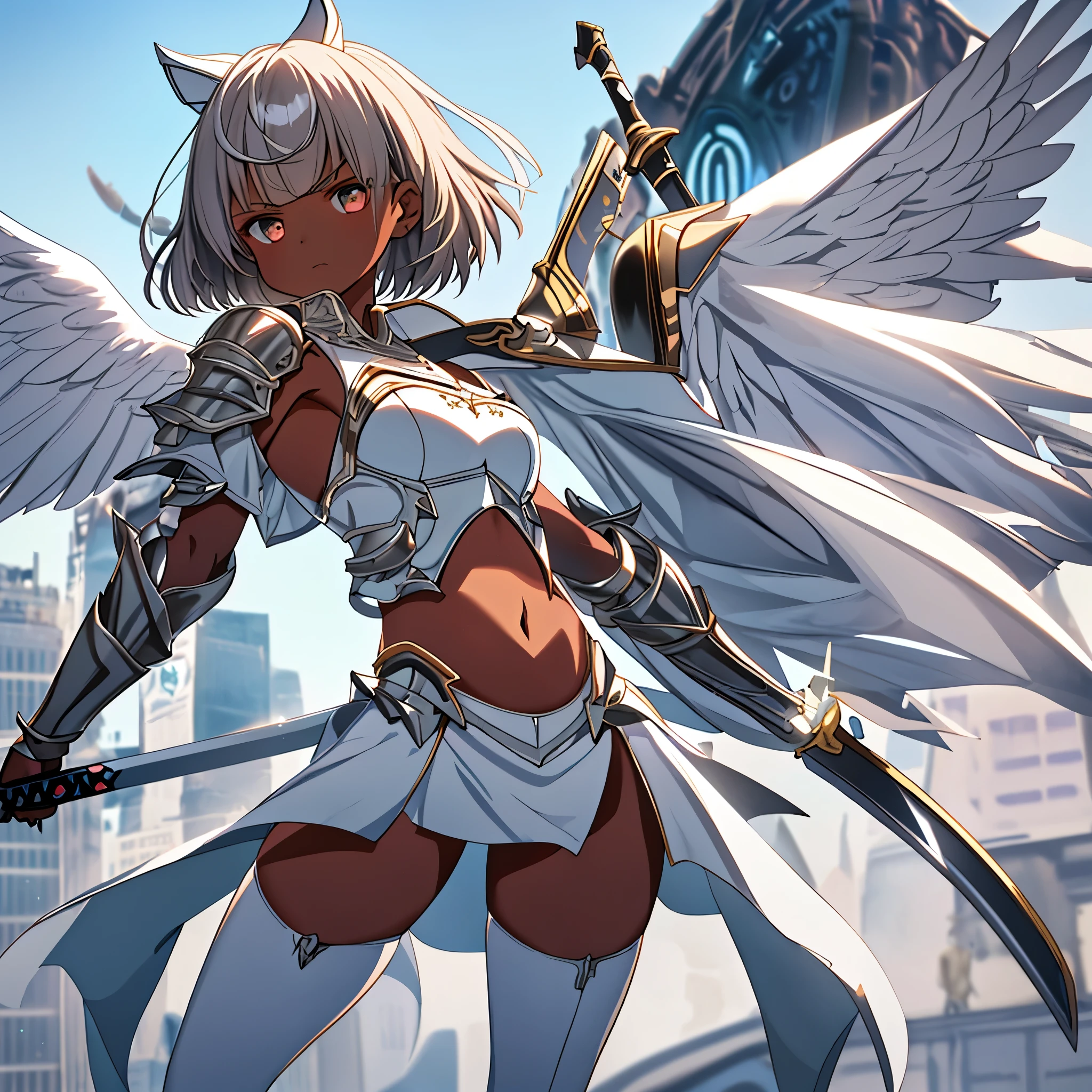 fantasy, 1angel_girl, low_teen, brown_hair, medium_bob_hair,long_bangs, (dark_skin)+, bare_shoulder, navel out, thighhighs,silver_shiny_armor, white_clothes,waist_armor, Glebe, hold_shiny_swords, medium_breasts, Angry, dynamic_pose_fighting,Floating, (1pair_white_wings,pelvic_curtain)++, Headgear ,city_sky_background,,slightly_spread_legs, multiple_shiny_swords_floating_around_the_girl