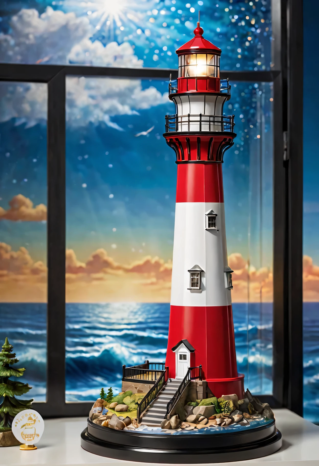 (best quality,ultra-detailed,highres,masterpiece:1.2),Lighthouse toys made of extremely smooth polycarbonate are displayed on the booth,(vivid colors:1.1),(realistic,photo-realistic:1.37) display,exquisite craftsmanship,lifelike textures,sparkling reflections,precise contours,attention-grabbing booth