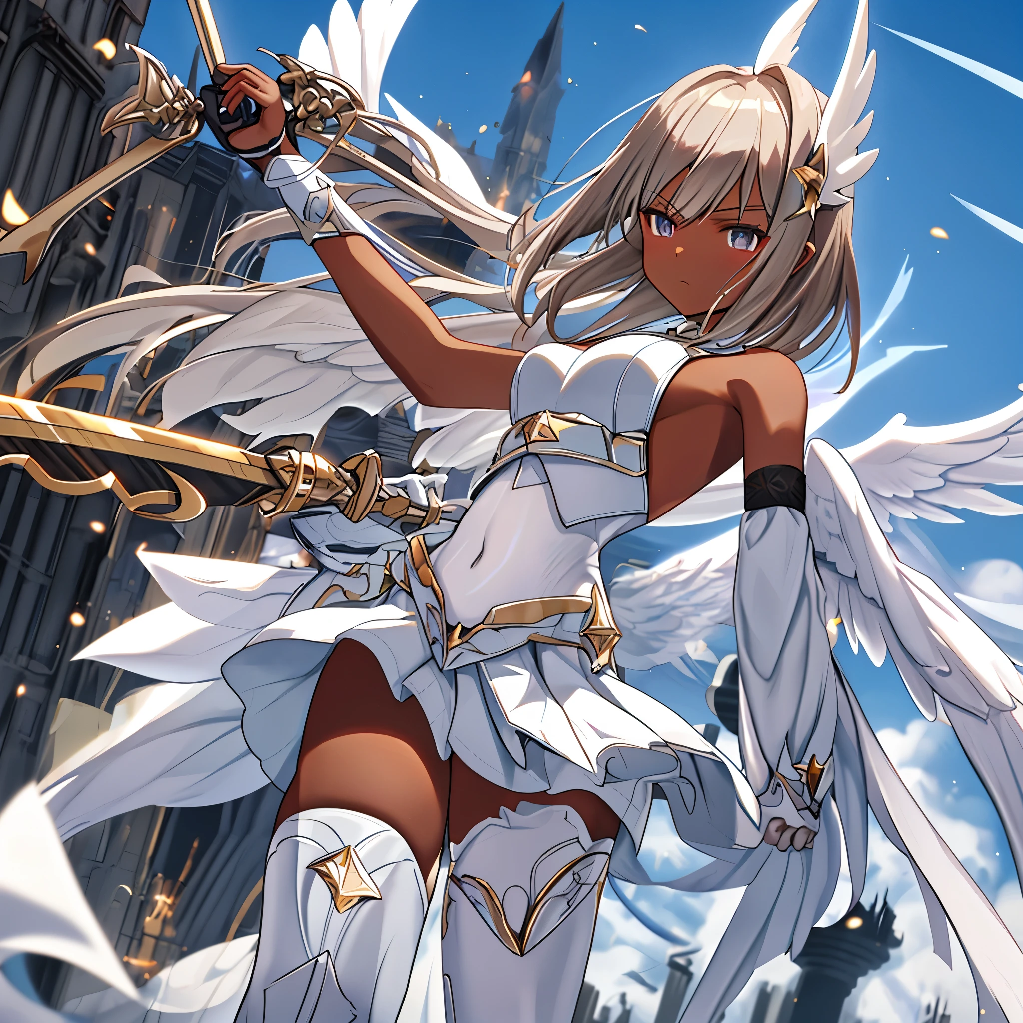 fantasy, 1angel_girl, low_, brown_hair, medium_bob_hair,long_bangs, (dark_skin)+, bare_shoulder, navel out, thighhighs,silver_shiny_armor, white_clothes,waist_armor, Glebe, hold_shiny_swords, medium_breasts, Angry, dynamic_pose_fighting,Floating, (1pair_white_wings,pelvic_curtain)++, Headgear ,city_sky_background,,slightly_spread_legs, multiple_shiny_swords_floating_around_the_girl