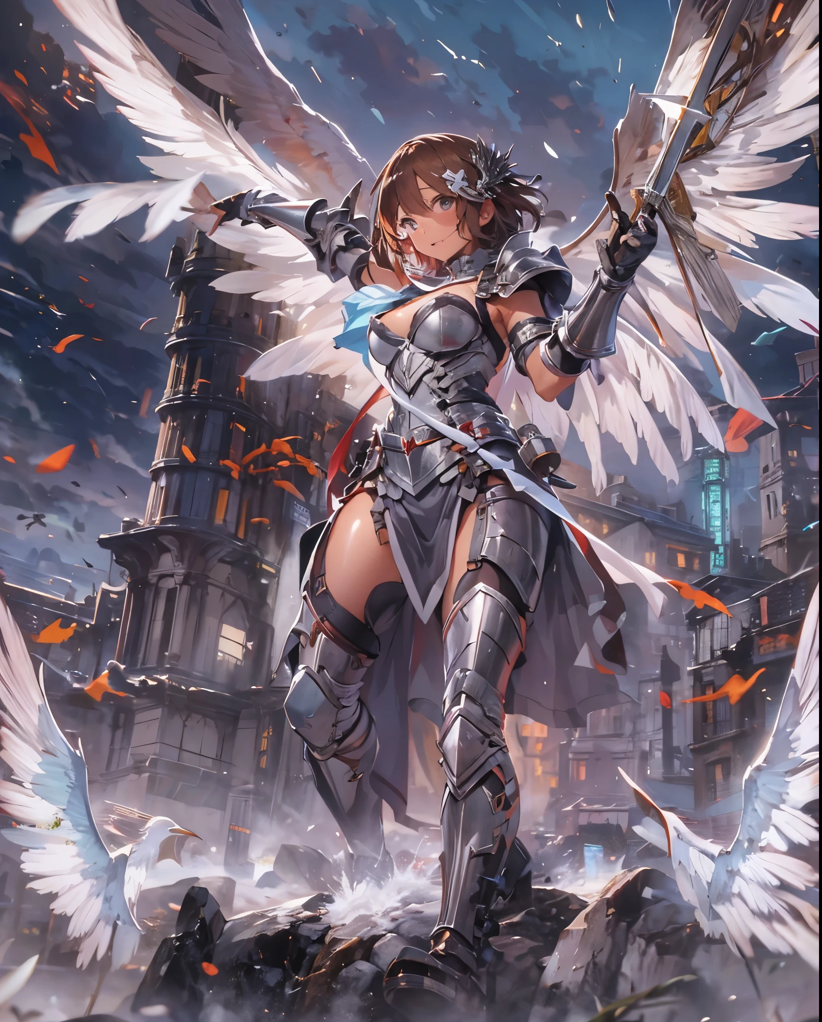 fantasy, 1angel_girl,low_, ,brown_hair, medium_bob_hair, long_bangs, halo,bare_shoulder,thighhighs,silver_armor, waist_armor, large_breasts,angry,grinning,open_mouth_teeth, 1pair_wings, dynamic_pose_fighting,floating, bare_crotch, headgear,gauntlet, greaves,city_sky_background,slightly_spread_legs, solo, groin_naked,dark_skin,