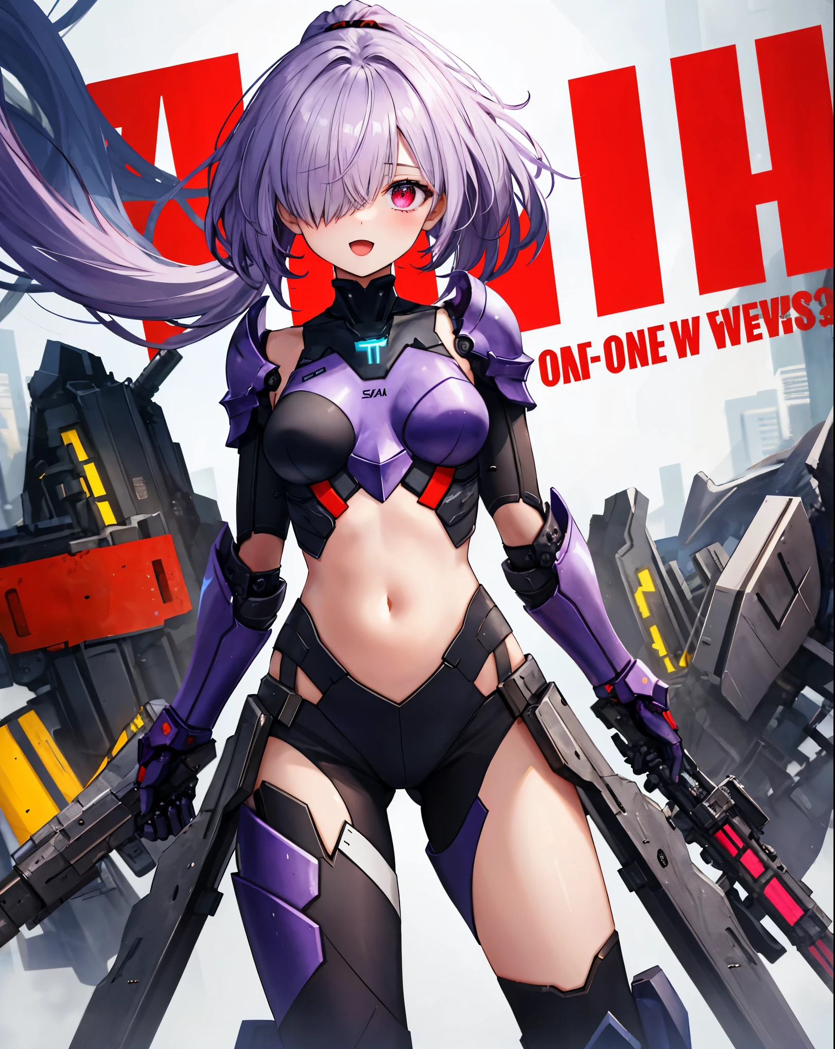 ,1girl,(:1.5), (short_ponytail:1.3), (light_whitish_purple_hair:1.3),black_mechanical_armor_parts,white_breasts_parts_red_black_body_suit,bare_shoulder,bare_slender_thighs,medium_breasts,city_background,Stinging_eyes,sleepy,thighhigh_greaves,gauntlets,dynamic_posing,bare_frank,metal_red_parts_armor,red_eye,solo,
fists,hold_weapon,glare,navel,large_mechanical_parts,happy,waist_armor,open_mouth,rise_legs,apart_legs, (covered_navel:1.3),(very_long_bangs:1.3), (hair_over_one_eye:1.5),(long_bang_covers_right_half_of_face:1.5),
(covered_pussy:1.1),covered_breasts,fighting,