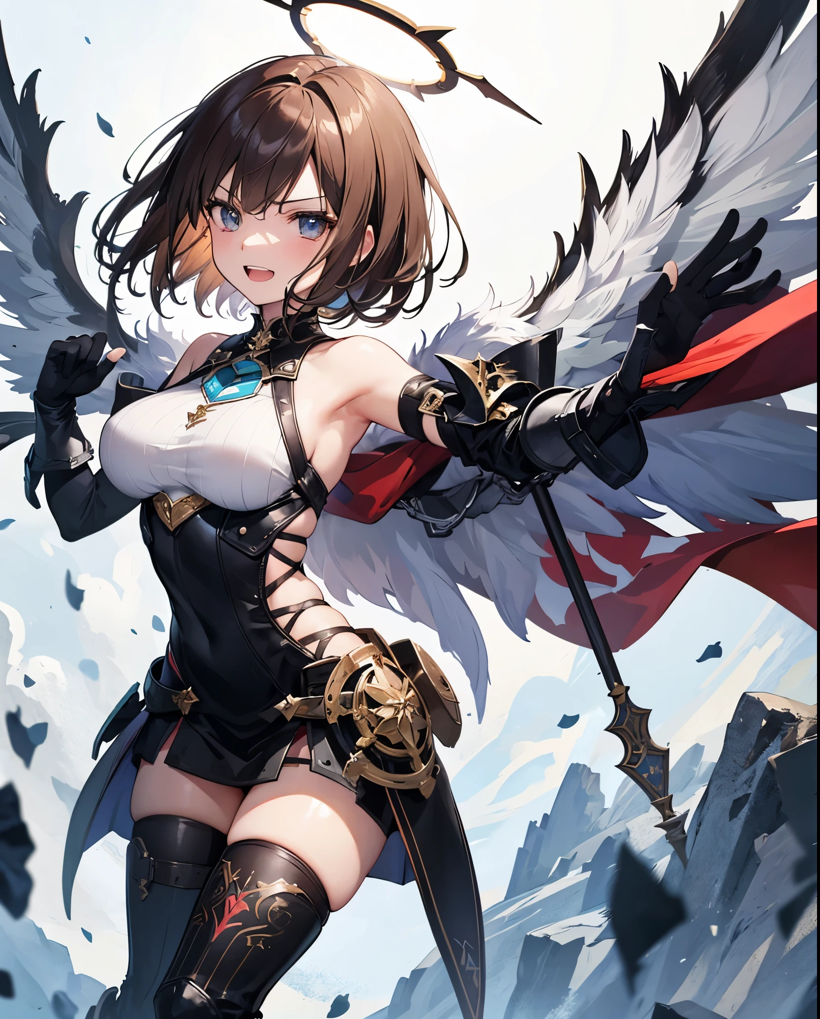fantasy, 1angel_girl,, ,brown_hair, medium_bob_hair, long_bangs, halo,bare_shoulder,thighhighs,silver_armor, waist_armor, large_breasts,angry,grinning,open_mouth_teeth, 1pair_wings, dynamic_pose_fighting,floating, bare_crotch, headgear,gauntlet, greaves,city_background,slightly_spread_legs, solo, groin_naked,