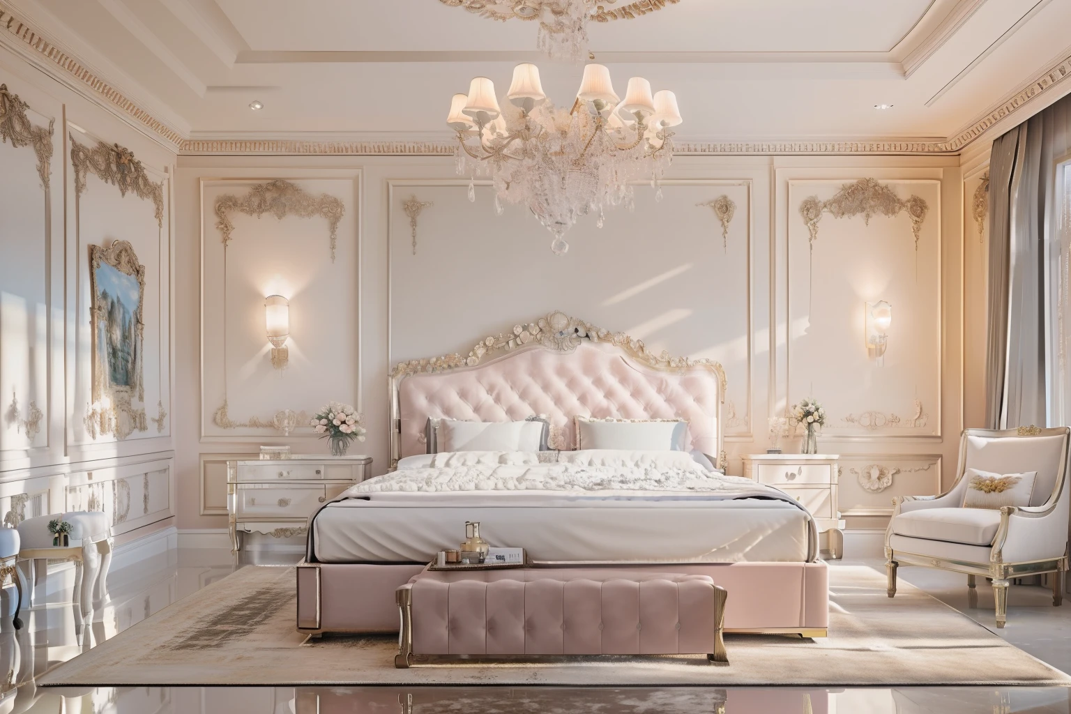 ((best quality)),((masterpiece)),((realistic)),   , photorealistic,  sky,chair ,  dslr,  RAW photo ,authentic,  soft lighting,film grain, Fujifilm XT3 ,
(((Luxury Bedroom))) ,indoor scenery, reflection ,wall ,rug , lamp, flower, vase , chair ,ceiling , plant, window ,curtain ,television ,couch,  pink,