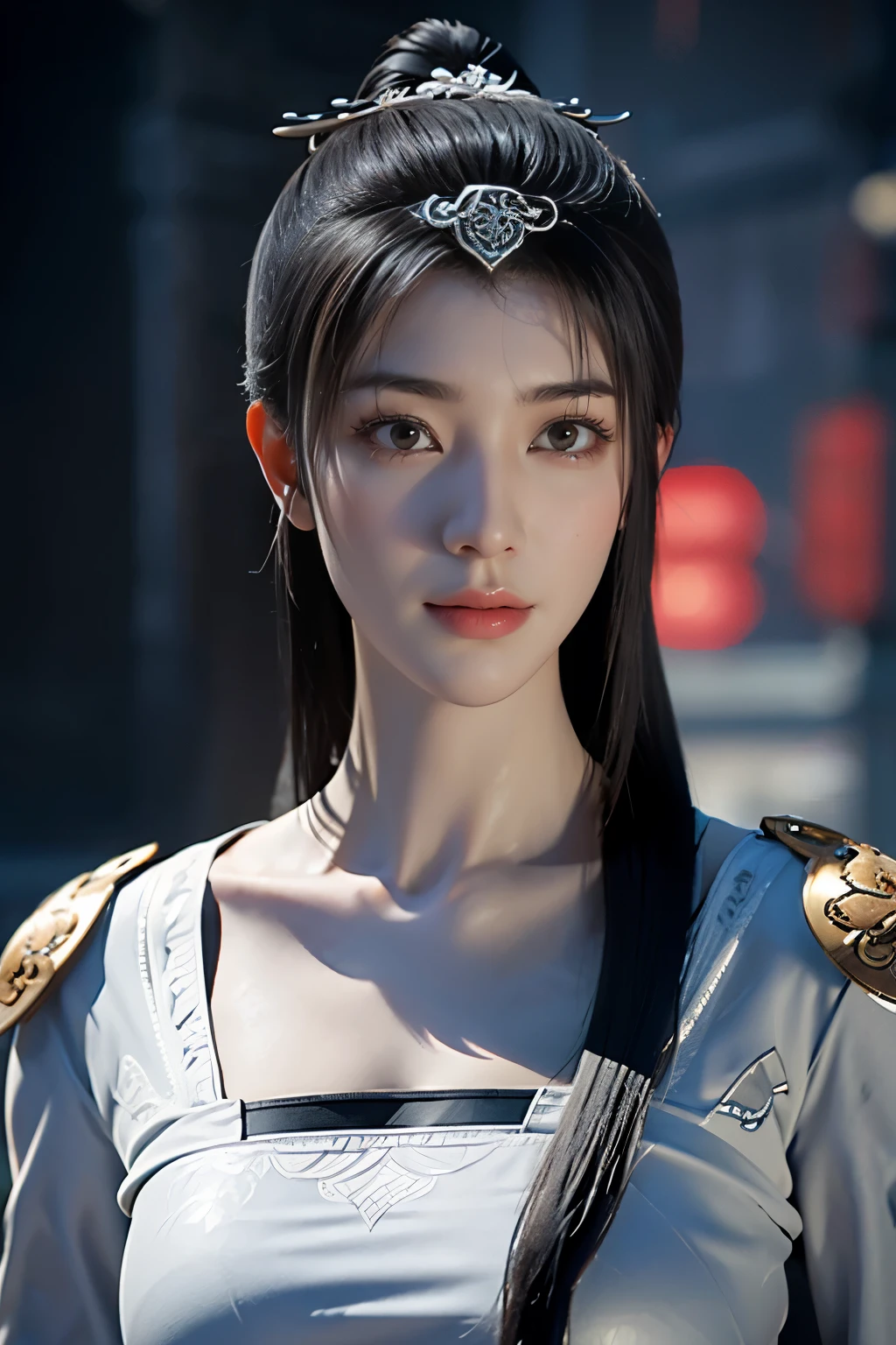 Masterpiece,Game art,The best picture quality,Highest resolution,8K,(Portrait),Unreal Engine 5 rendering works,(Digital Photography),((Portrait Feature:1.5)),
20 year old girl,Short hair details,With long bangs,(The red eye makeup is very meticulous),(With long gray hair:1.4),(Large, full breasts),Elegant and noble,Brave and charming,
(Future armor combined with the characteristics of ancient Chinese armor,Hollow design,Power Armor,The mysterious Eastern runes,A delicate dress pattern,A flash of magic),Warrior of the future,Cyberpunk figures,Background of war,
Movie lights，Ray tracing，Game CG，((3D Unreal Engine))，OC rendering reflection pattern