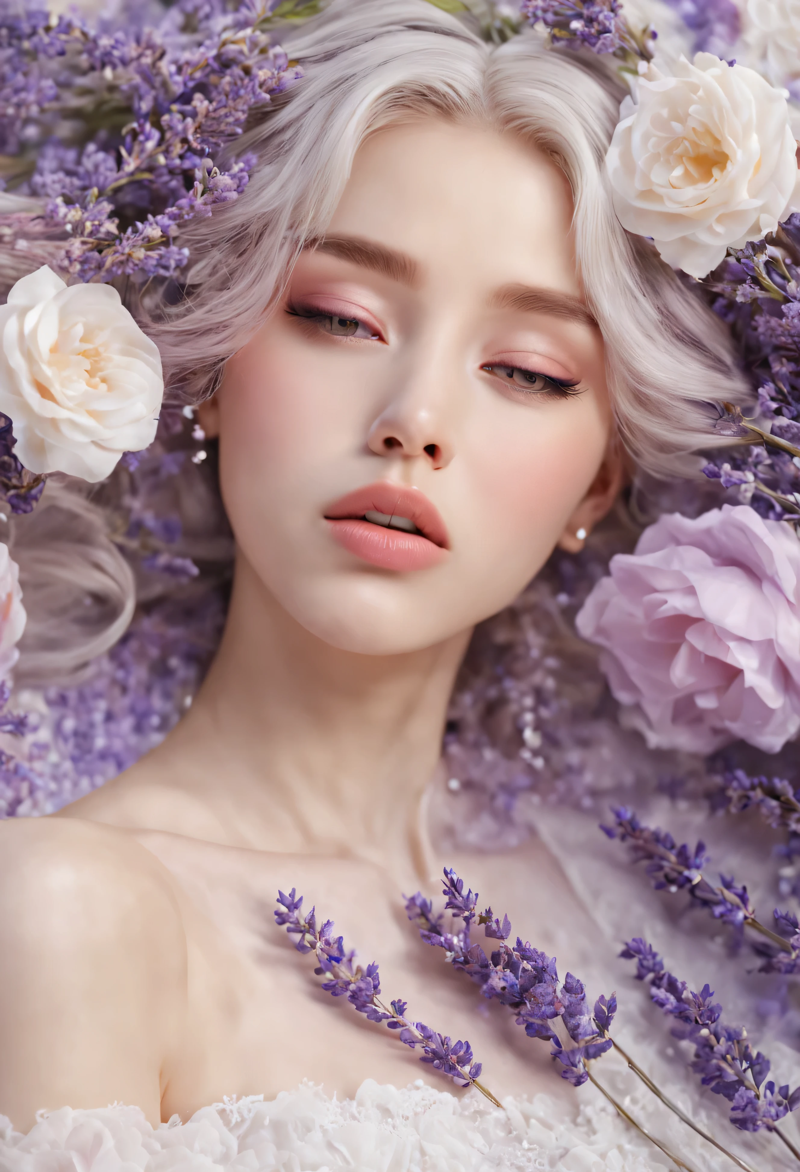 feminine,High detail and quality、8k ultra hd、3D、Beautiful woman,plump lips、lavender bouquet,Seamless patterns、neutral pastel colors,Mysterious off-white world,fabric art、art station、A number of pastel and delicate designs that combine magic and fantasy々、splash of water、wallpaper design aesthetics、white tone、realistic、super realistic、Impressive in full color。