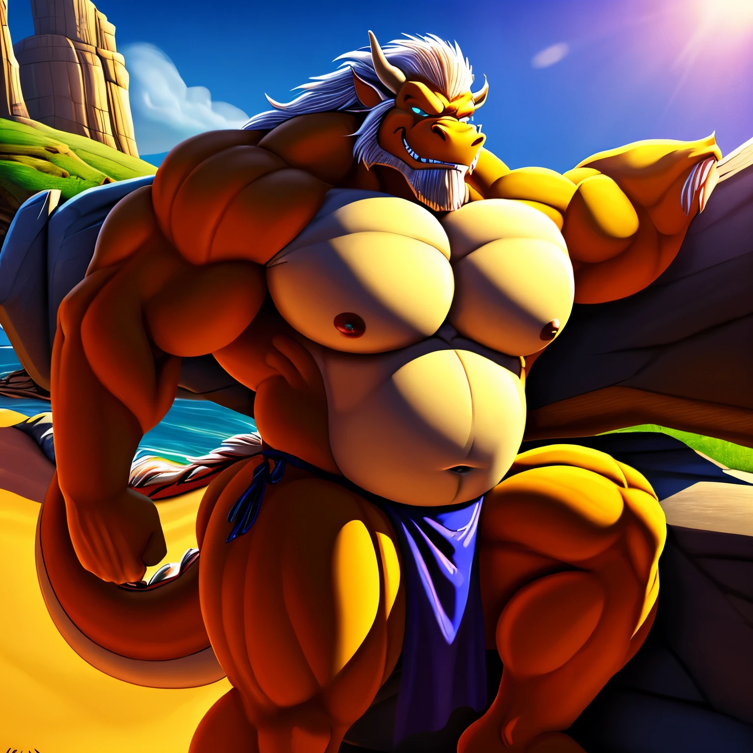  kaido,  eastern dragon king, male dragon, eastern dragon, very big muscles, hulking,  extremely strong, big abdominal muscles, hefty musclegut, pecs, muscular dad body,  Strong and robust musclegut , strong abs, sharp  claws, dragon feet claw, full body, loincloth, one piece, HDR,  nipples, sunlight, daylight, outdoor, bright , sunshine, at noon, fighting pose, good weather,  on sea beach