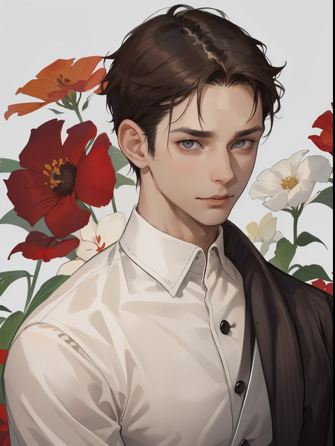 (((1 man))), (((mature))), (((36yo))), (masculinity), Slim, short hair, dark brown hair color, grey eyes