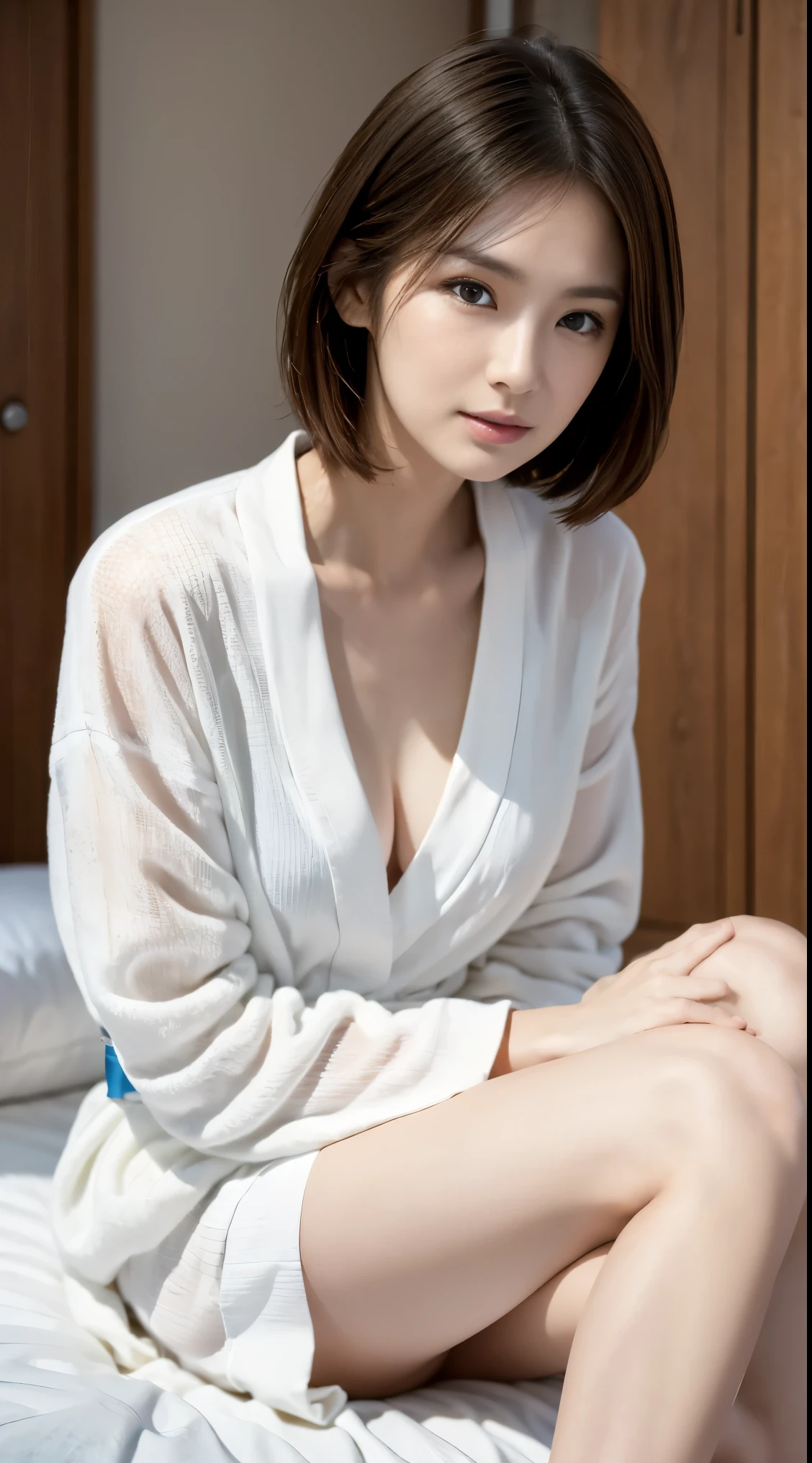 cute 21 year old japanese、large bathroom、super detail face、eye for details、double eyelid、beautiful thin nose、sharp focus:1.2、Beautiful woman:1.4、(light brown hair,short cut hair, white skin、highest quality、shine、masterpiece、超A high resolution、(Photoreal:1.4)、bathrobe、A glimpse of the chest、