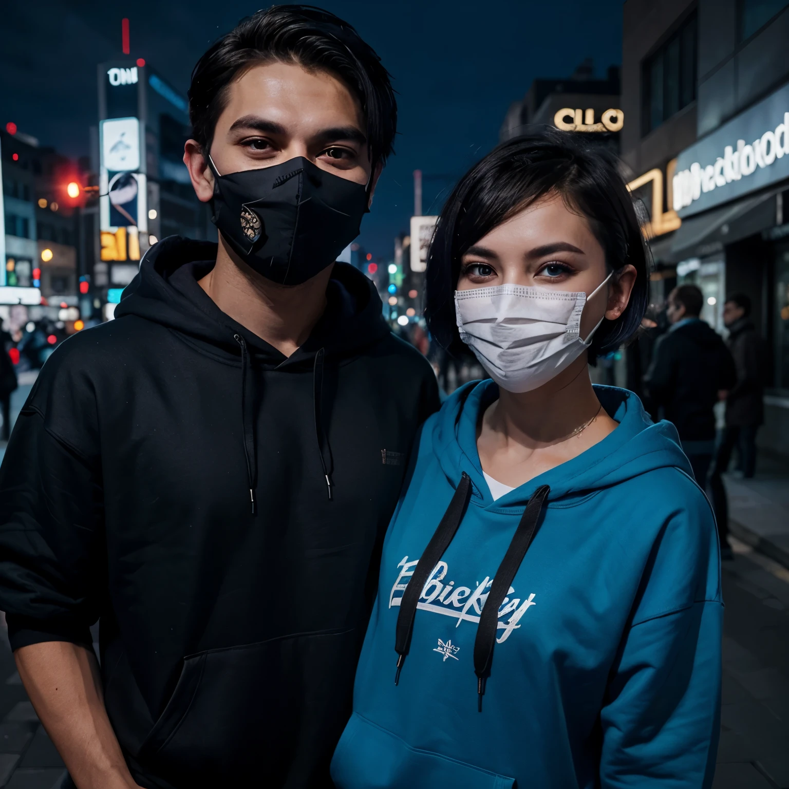 Couple boy and girl, 1 handsome boy and beautiful girl with black hoodie (short hair), black hair, blue eyes, street style, gradattion hoodie black, night city background, shiny, viewing viewer, upper body, with mask