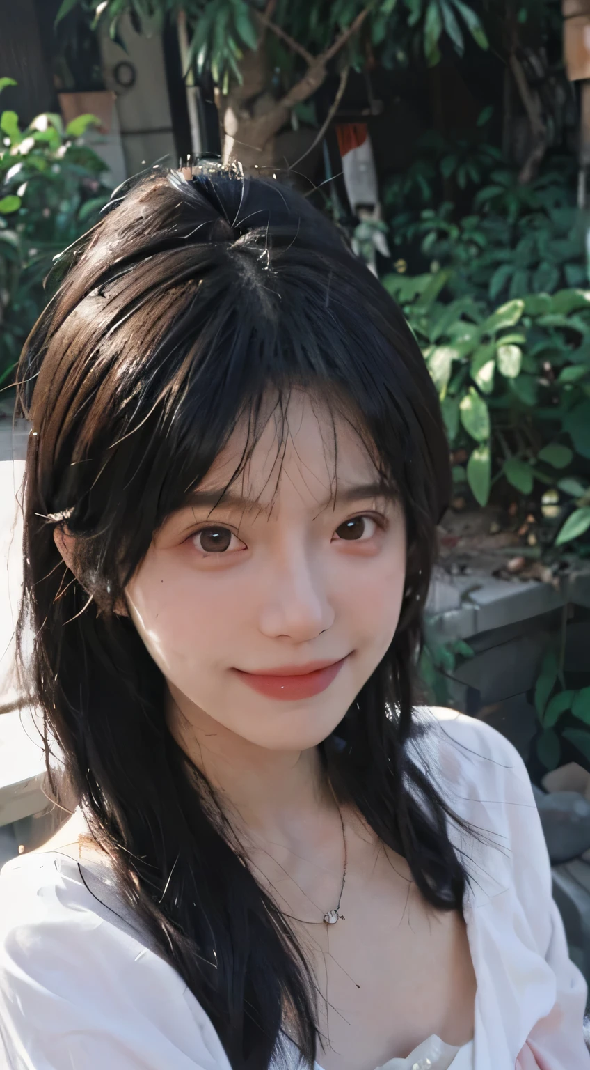 best quality， ultra high resolution， （realistically：1.4），cute hairpin，Baoyu Girl，European style apartment，（flat chest：1.2） ，A pair of clear and charming peach blossom eyes,Royal sister，The sun shines on the face，big wave，（in the woods：1.4），（necklace：1.2），（White skin：1.4），a sense of atmosphere，a beautiful girl， Smile，looking directly at the viewer， Close-up cleavage ，(lifelike:1.4),1 girl,Sexy,(Upper body:1.4),(wet),(:1.2)