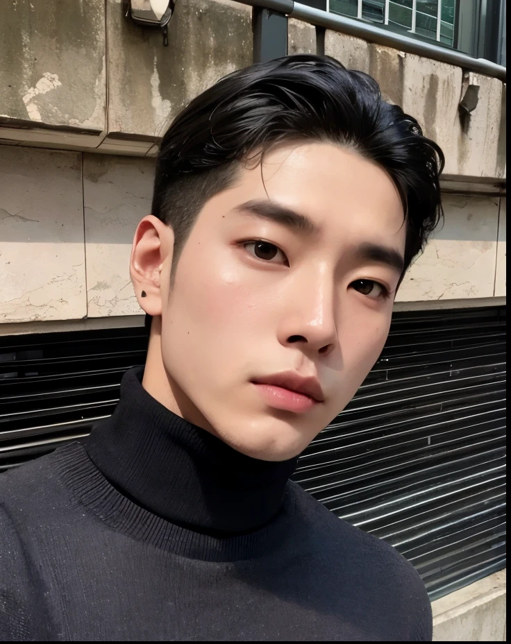 wired man in a black turtleneck sweater in front of a building, who is siwoo, homem sul-coreano, Jinyoung Shin, taejune kim, artista coreano, Wonbin Lee, Jaeyeon Nam, um homem bonito,cabelo curto preto, rosto bonito, hyung tae, Seseon Yoon, adorable and pale korean face, Hong junho hyung, Shin Jeongho