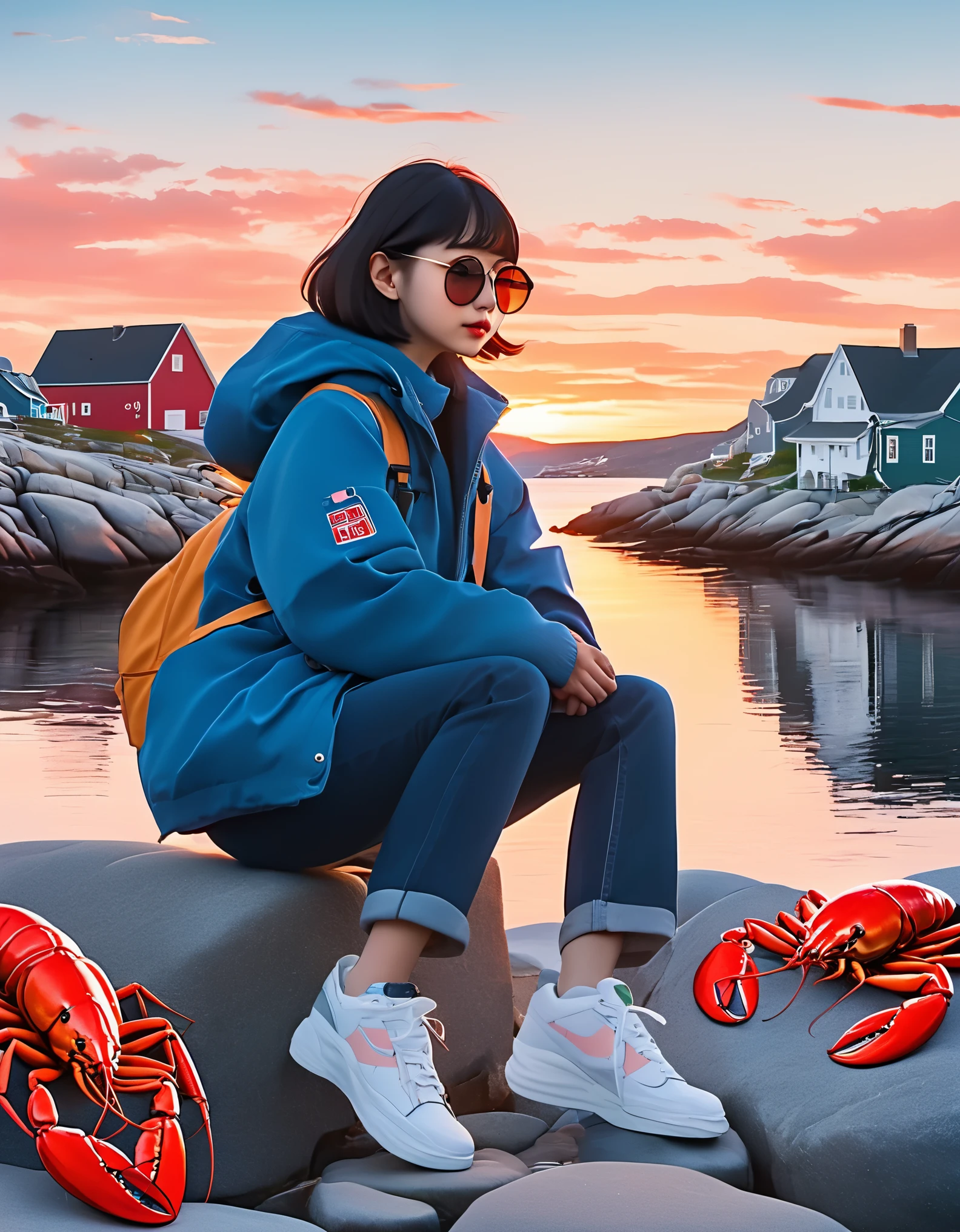 (A Chinese girl with short hair is holding a lobster in both hands:0.85),Sitting on the embankment,Blue jacket and jeans, White tourist shoes,background:Horseshoe-shaped Peggy's Cove, Canada,There are rocks on both sides,Huge sunset,post office,sunglasses,Backpack,cigarette case