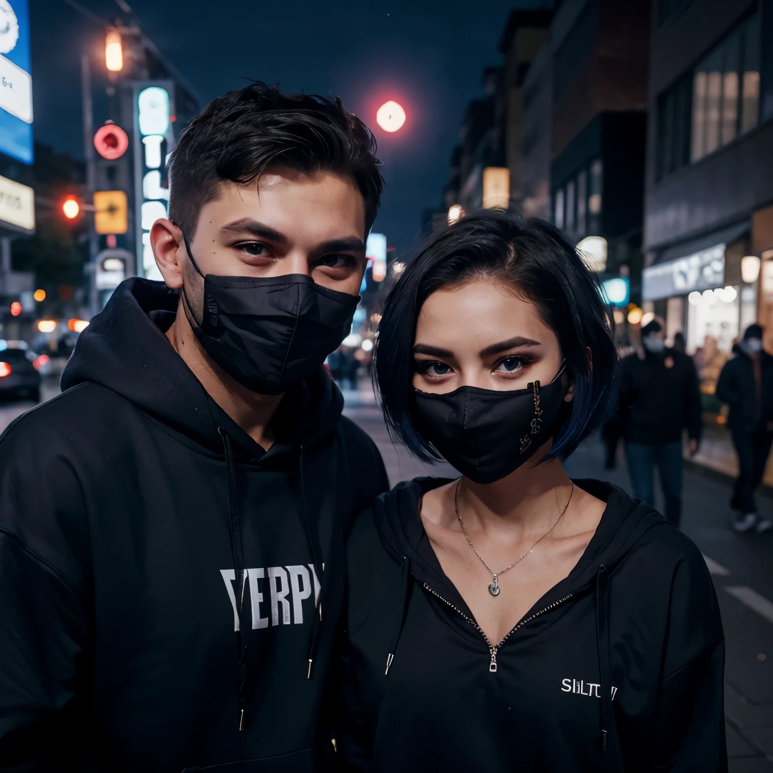 Couple boy and girl, 1 handsome boy and beautiful girl with black hoodie (short hair), black hair, blue eyes, street style, gradattion hoodie black, night city background, shiny, viewing viewer, upper body, with mask
