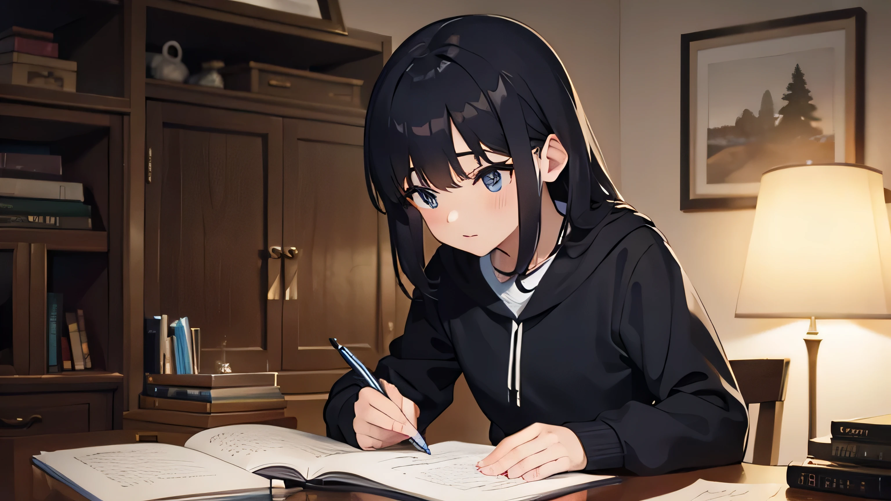 chica escribiendo en un cuaderno sobre su escritorio alumbrado por una luz tenue de lampara, he is in his messy room