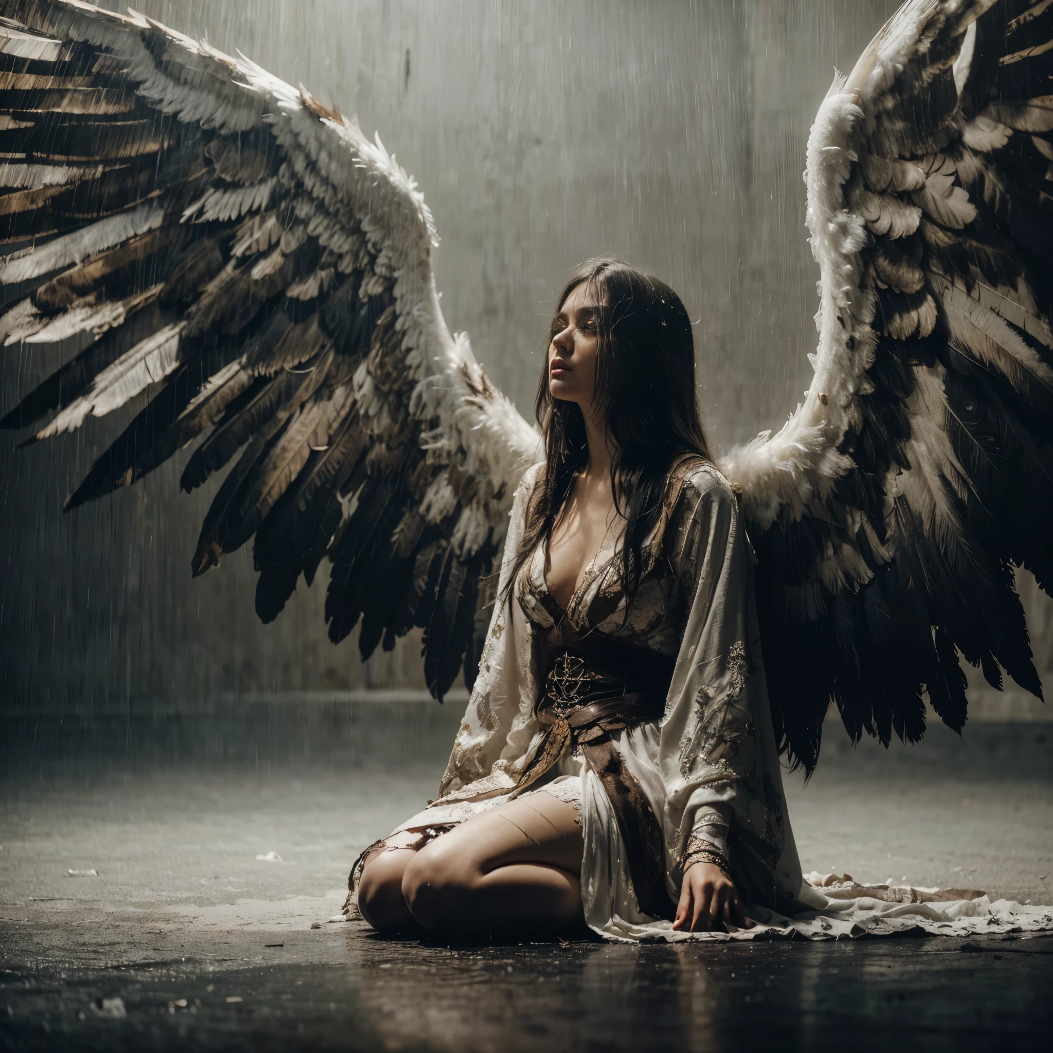 full scale, super low angle shot, The beautiful angel fell, black hair, had very large wings, wore a very worn white cloth, dirty body and wings, knelt down and looked very angry, shouted and looked up.
HD professional photographer, MidJourney v6 realism, light focus on face, ultra detail on face,
dark light, epicrealism, atmospheric impressionism, bokeh, film dramatic realism, pre-raphaelite realism, best tone, hard focus realism --ar 36:61 --stylize 750 --v6