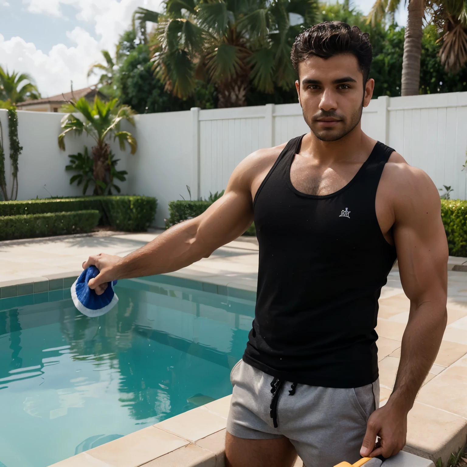 Real image of muscular and hairy man, short black hair, short beard, shirtless, wearing black and turquoise boxers, grabbing the door of a refrigerator in a kitchen . it&#39;s night.