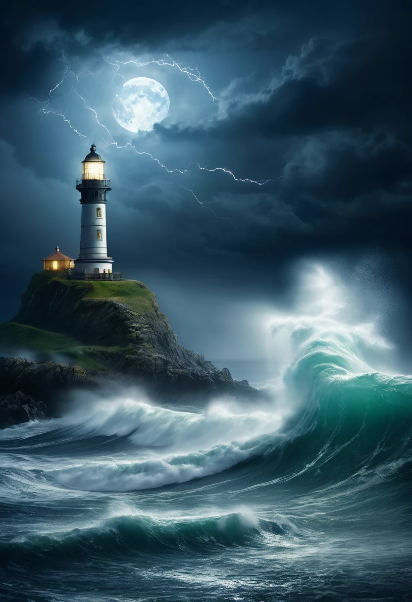 A solitary lighthouse steampunk battling the storm, the light of the full moon illuminating the tumultuous waves, the mystical mist adding an atmosphere of mystery and danger, while lightning rends the night sky, reflective water, ultrahigh definition, 3D depth, inspired by Leonardo da Vinci, Rembrandt, J.M.W. Turne